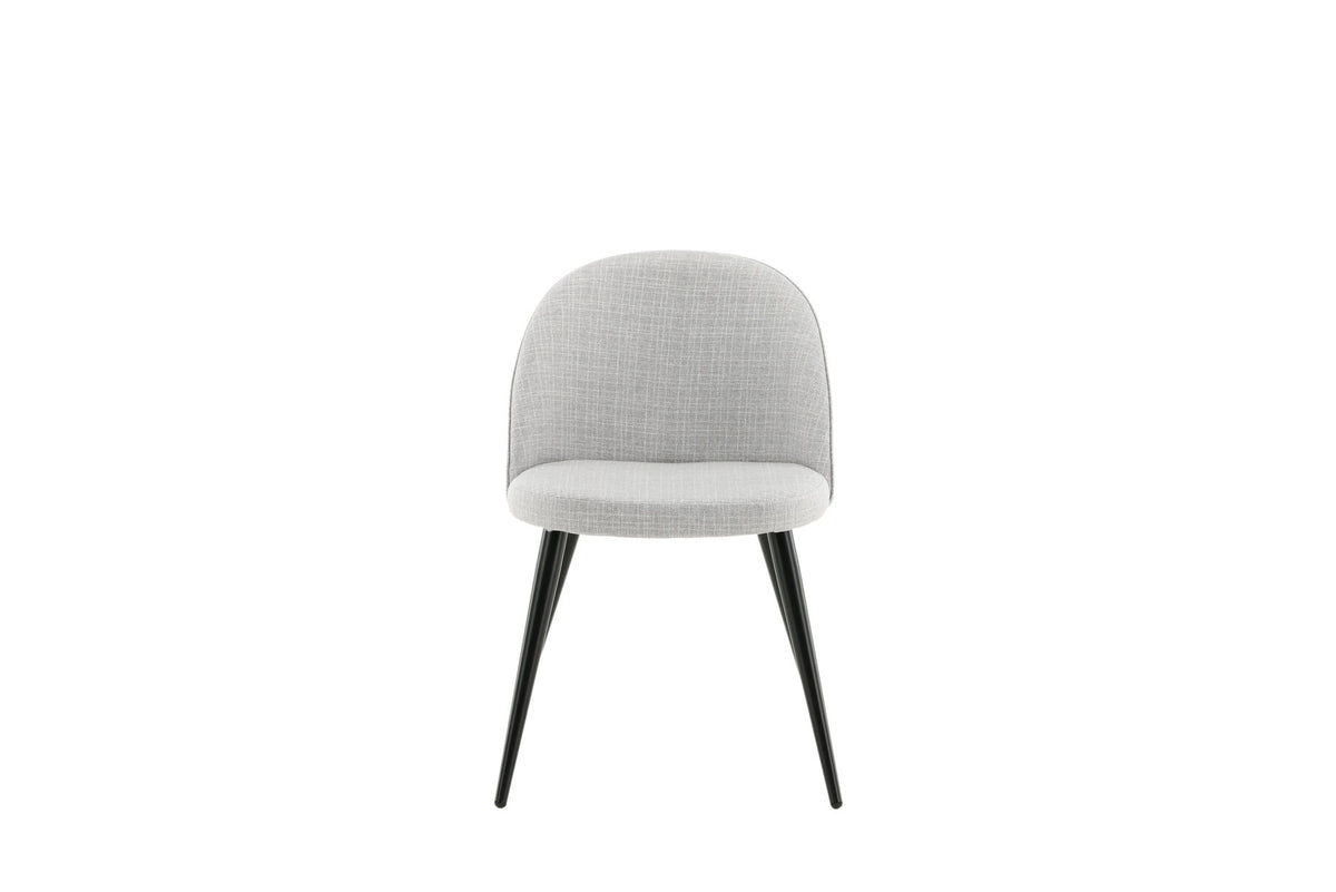 Velvet Stuhl von Venture Home mit blauem Polyesterbezug, weiss pulverbeschichtetem Stahlgestell und gepolsterter Sitzfläche aus Formsperrholz und Schaumstoff.