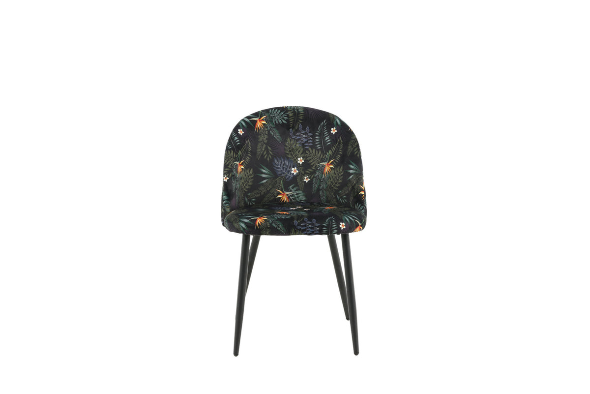 Velvet Stuhl von Venture Home mit blauem Polyesterbezug, weiss pulverbeschichtetem Stahlgestell und gepolsterter Sitzfläche aus Formsperrholz und Schaumstoff.