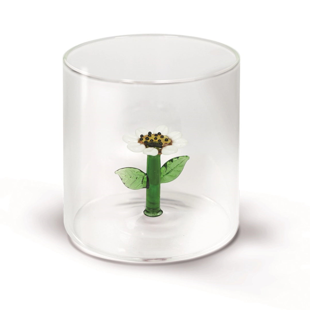 Transparentes Trinkglas aus Borosilikatglas mit Gänseblümchen-Motiv, rund geformt, Durchmesser und Höhe je 8 cm, Fassungsvermögen 250 ml.