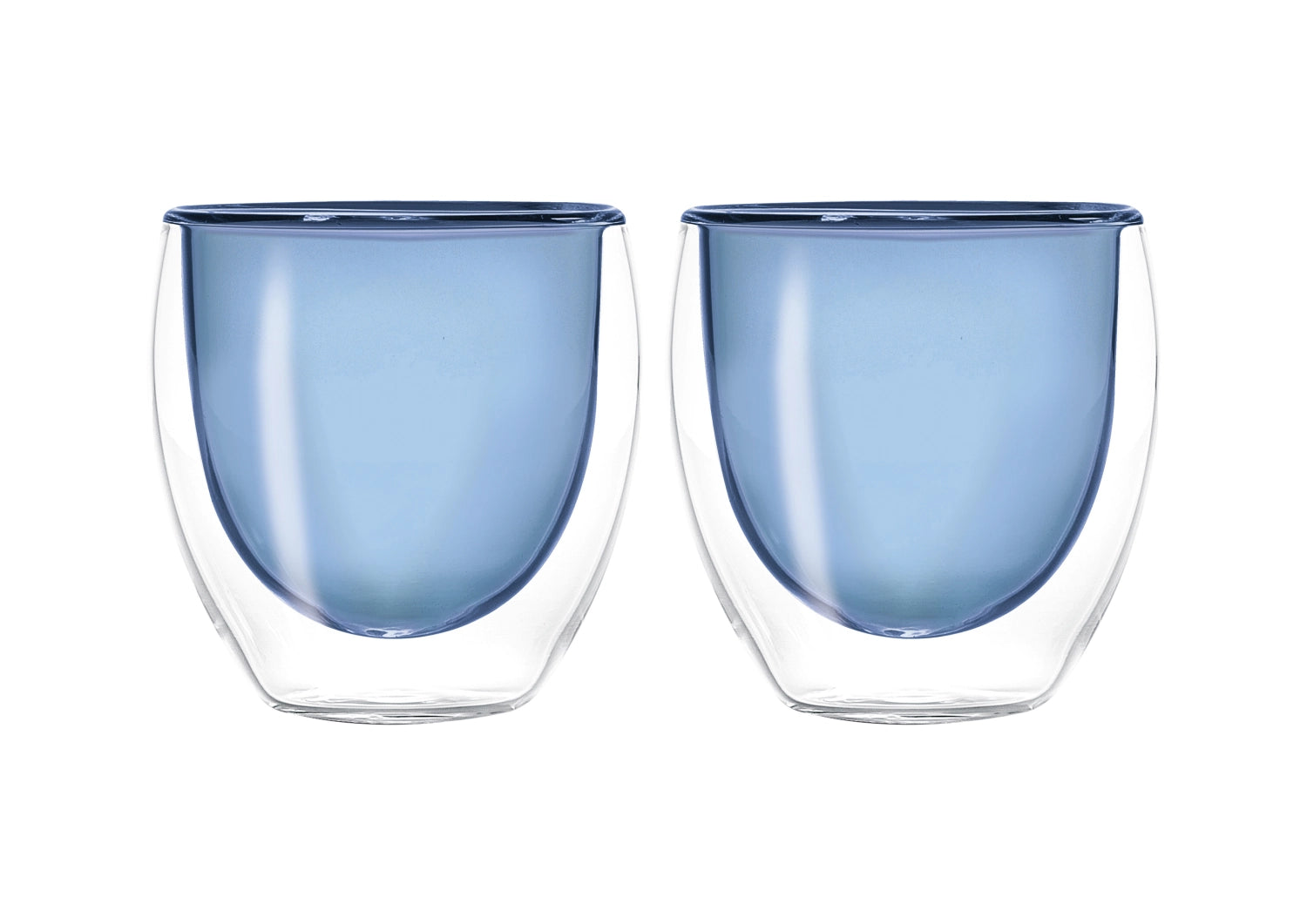 Zwei elegante, doppelwandige Espressogläser in Blau, 80ml, ideal für aromatischen Espresso, perfekt für stilvolle Kaffeepausen.