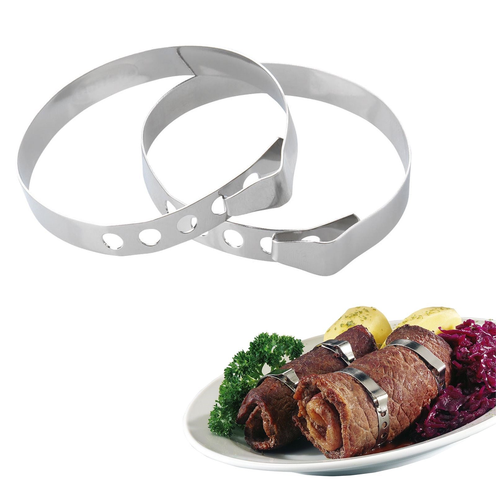 6 hochwertige Westmark Rouladenringe, perfekt zum Fixieren von Rouladen und anderen Speisen, langlebig und praktisch.
