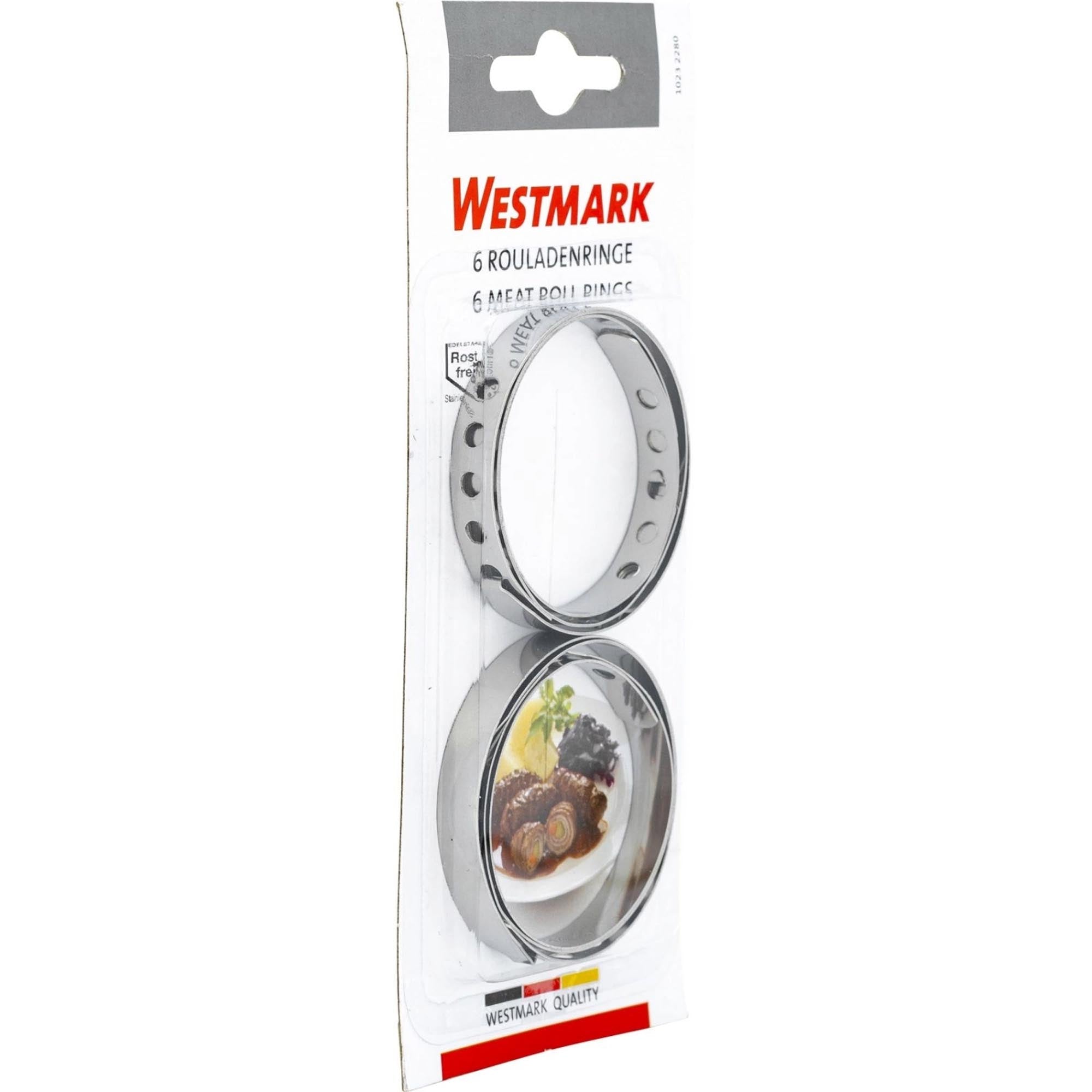 6 hochwertige Rouladenringe von Westmark, perfekt zum Fixieren von Rouladen und anderen Speisen in der Küche.