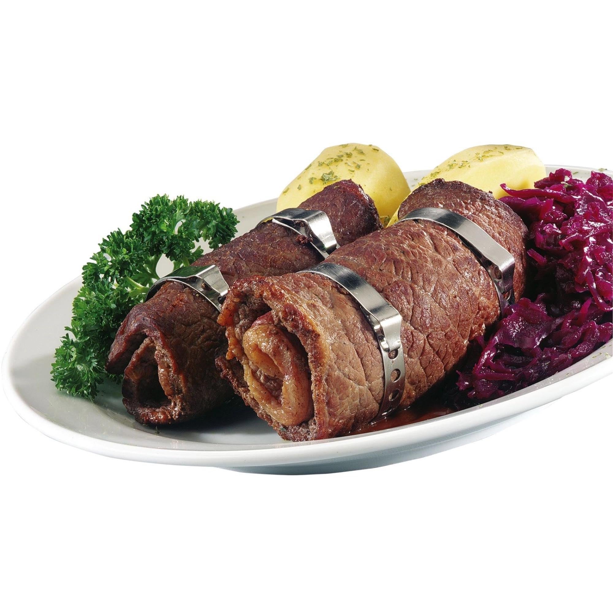 6 robuste Westmark Rouladenringe, ideal zum sicheren Fixieren von Rouladen und anderen Gerichten in der Küche.