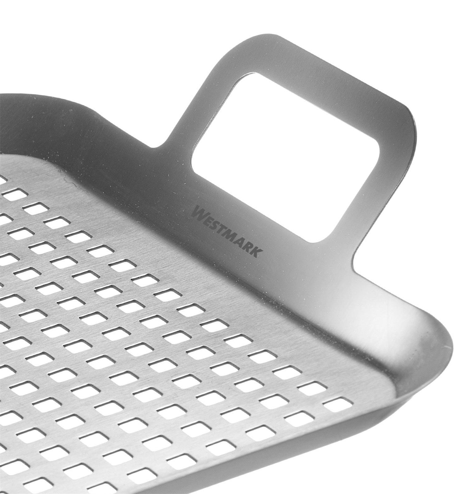 Kleine flache Grillpfanne aus Edelstahl von Westmark, ideal für gleichmäßiges Braten und Grillen kleiner Speisen auf dem Grill.