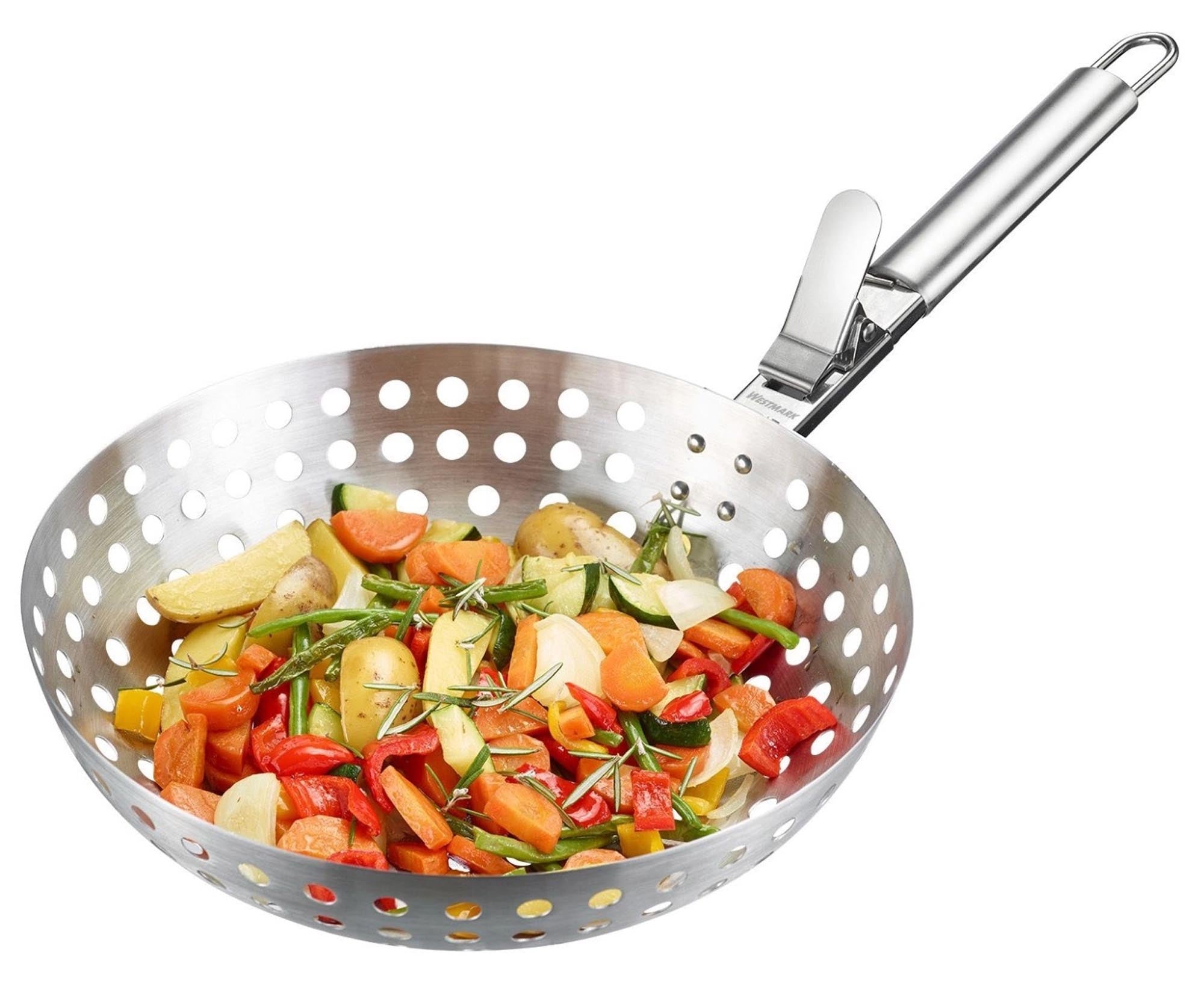 Robuster Edelstahl-Grillwok von Westmark, perfekt für Gemüse und Fleisch, hitzebeständig und ideal für vielseitiges Grillen.