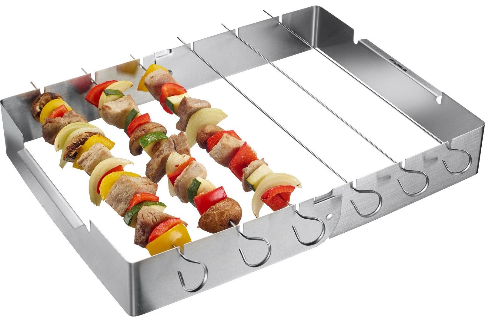 7-teiliges Grillspieß-Set von Westmark: 6 Edelstahlspieße (31 cm) mit Halter, perfekt für kreative Grillideen und vielseitige Gerichte.