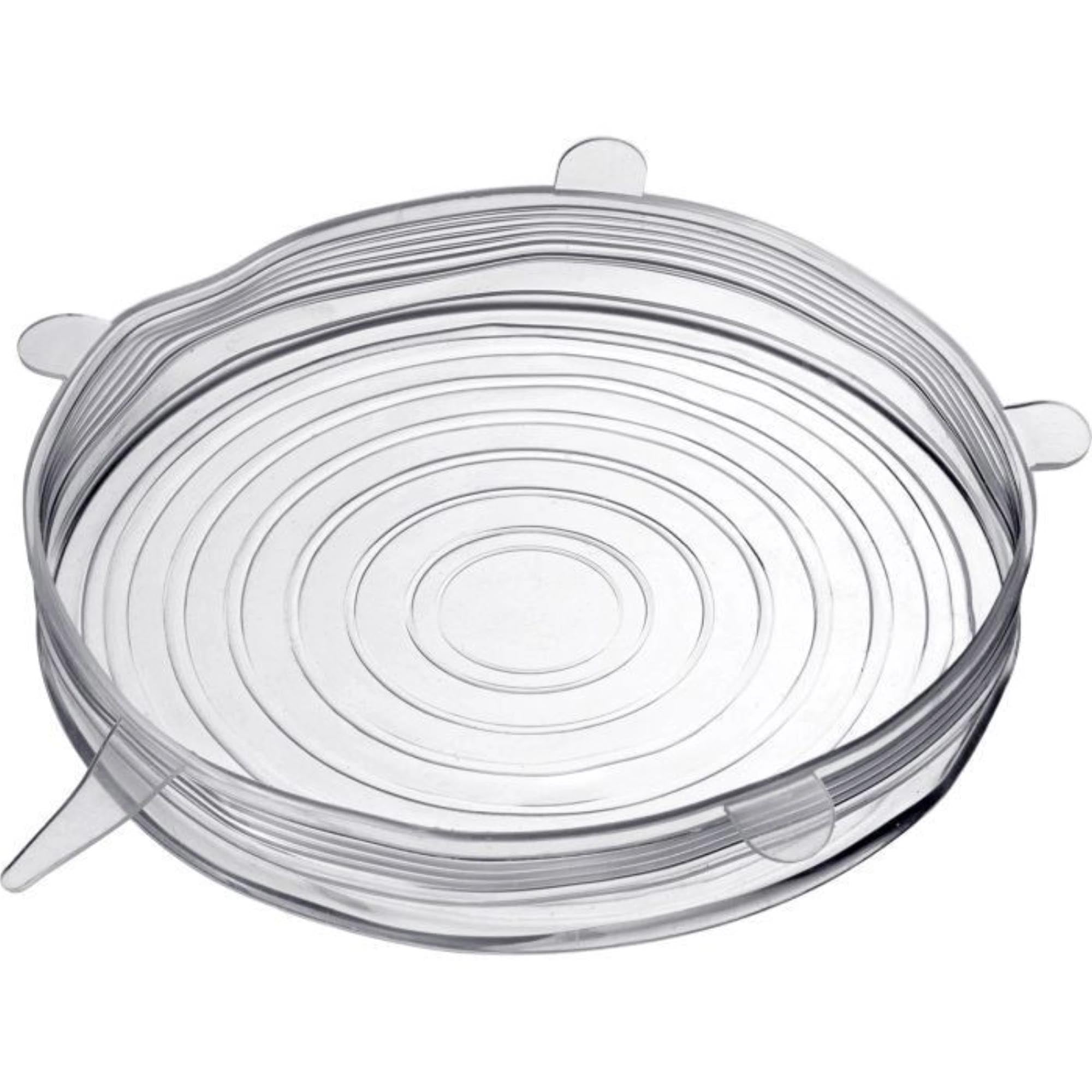 Set mit 5 flexiblen Silikondeckeln in Größen von 6,5 bis 14,5 cm, perfekt für luftdichtes Abdecken von Schüsseln und Behältern.