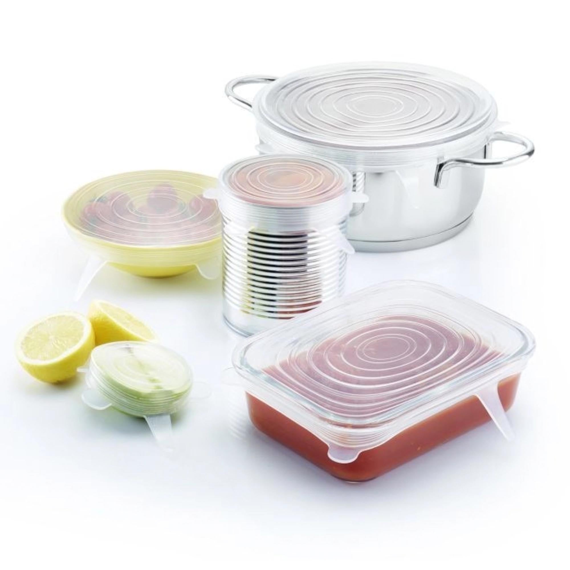 Set aus 5 Silikondeckeln in verschiedenen Größen (6,5-14,5 cm), ideal zum luftdichten Verschließen von Schalen und Behältern.