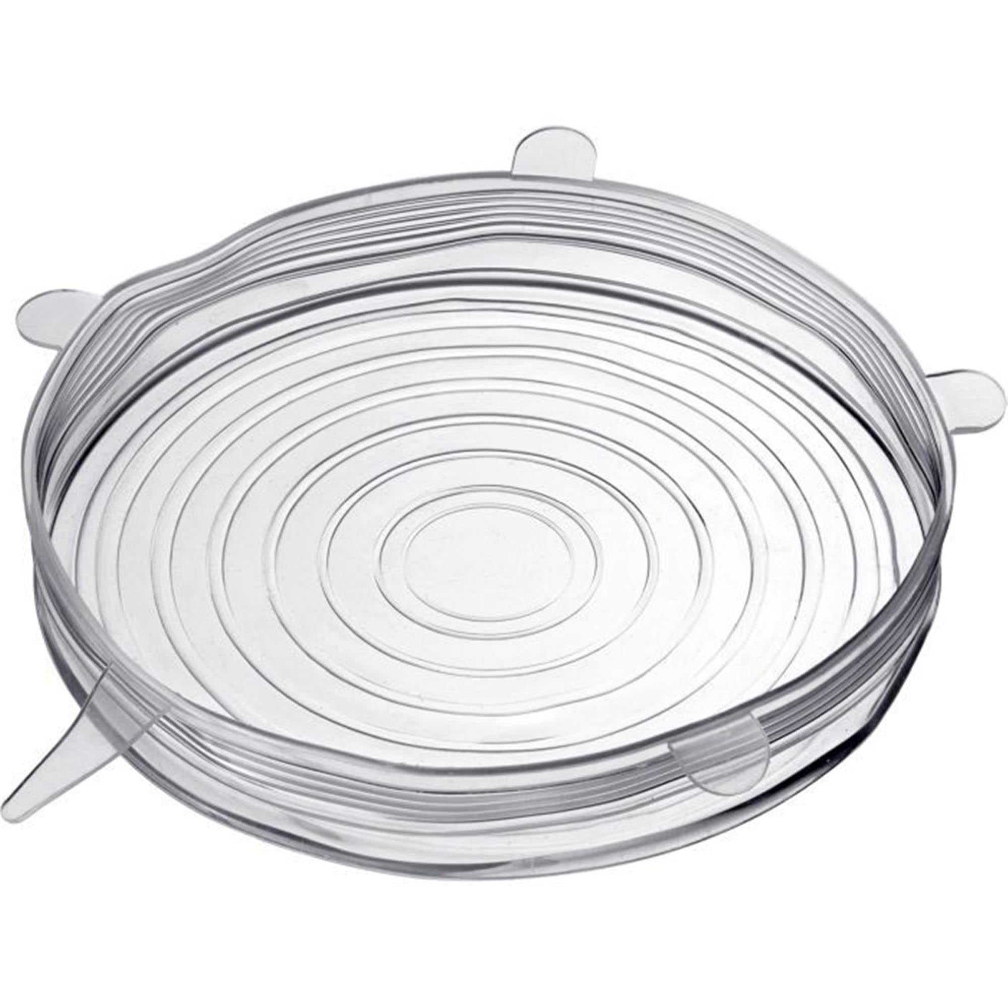Set aus 5 Silikon-Frischhaltedeckeln in verschiedenen Größen (6,5 bis 14,5 cm), ideal für luftdichtes Verschließen.