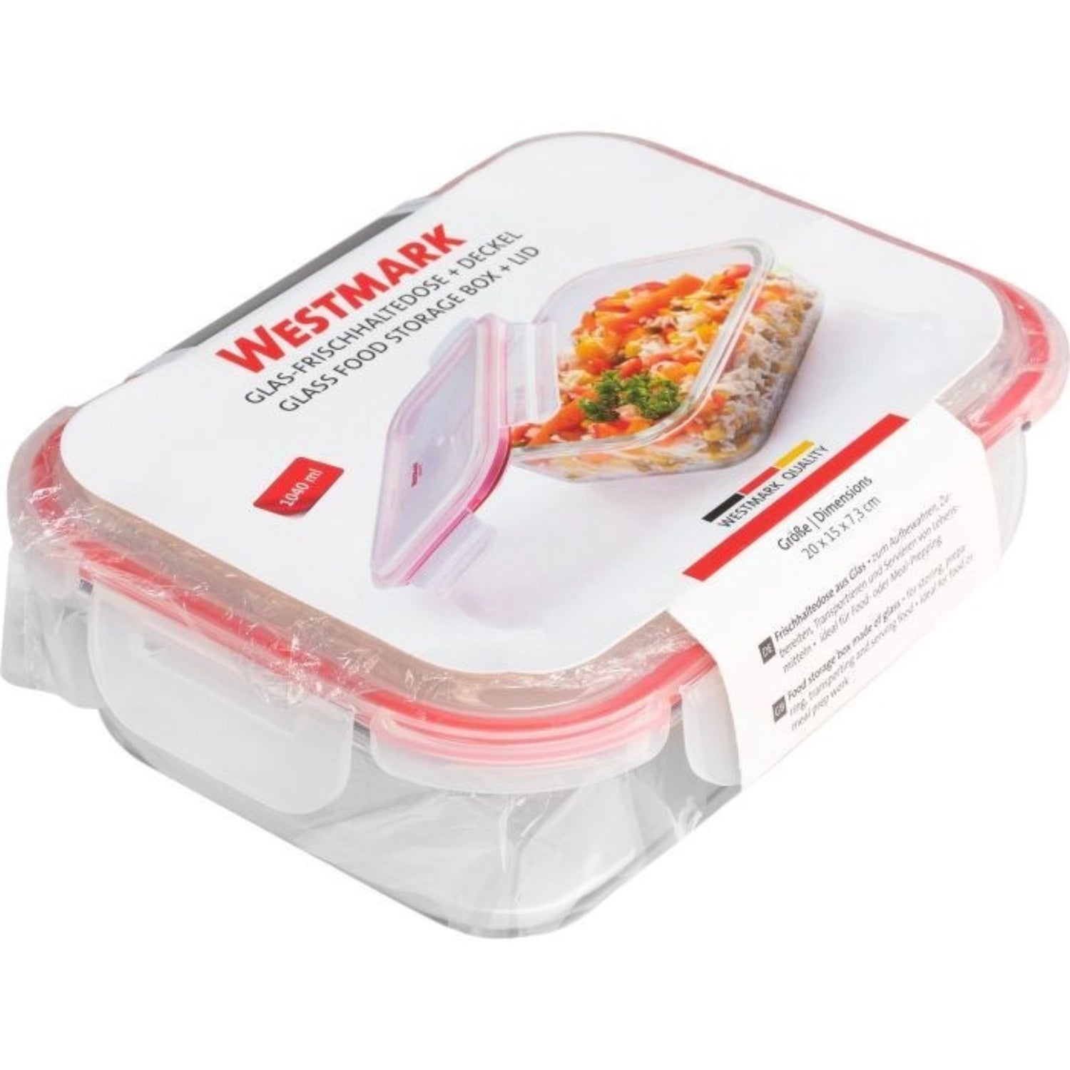 Hochwertige Glas-Frischhaltedose von Westmark mit 1040ml Volumen, ideal für die Aufbewahrung von Lebensmitteln, langlebig und auslaufsicher.