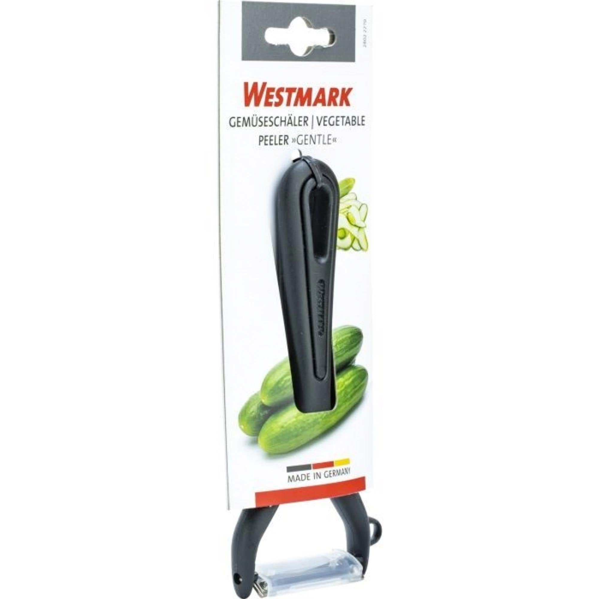 Ergonomischer Gemüse- und Spargelschäler von Westmark, kompakt (15x6.9x1.8cm), robust, leicht zu reinigen, ideal für präzises Schälen.