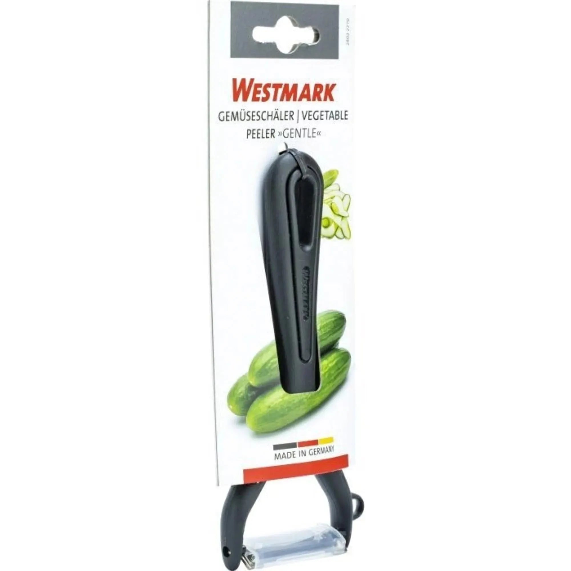 Ergonomischer Gemüse- und Spargelschäler von Westmark, kompakt (15x6.9x1.8cm), robust, leicht zu reinigen, ideal für präzises Schälen.
