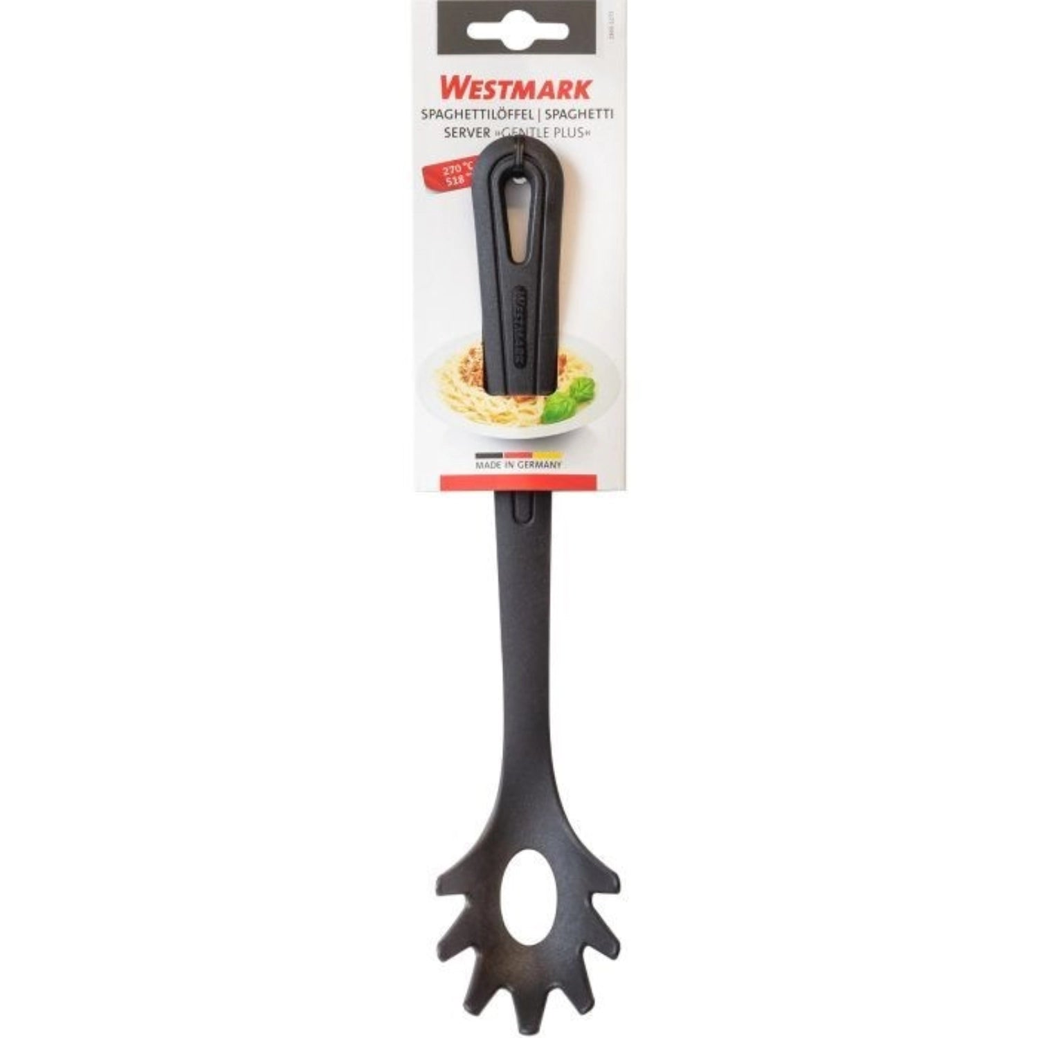 Entdecken Sie den Spaghettilöffel Gentle Plus von Westmark – ergonomisch, hitzebeständig und ideal für sanftes Servieren Ihrer Lieblingsnudeln.