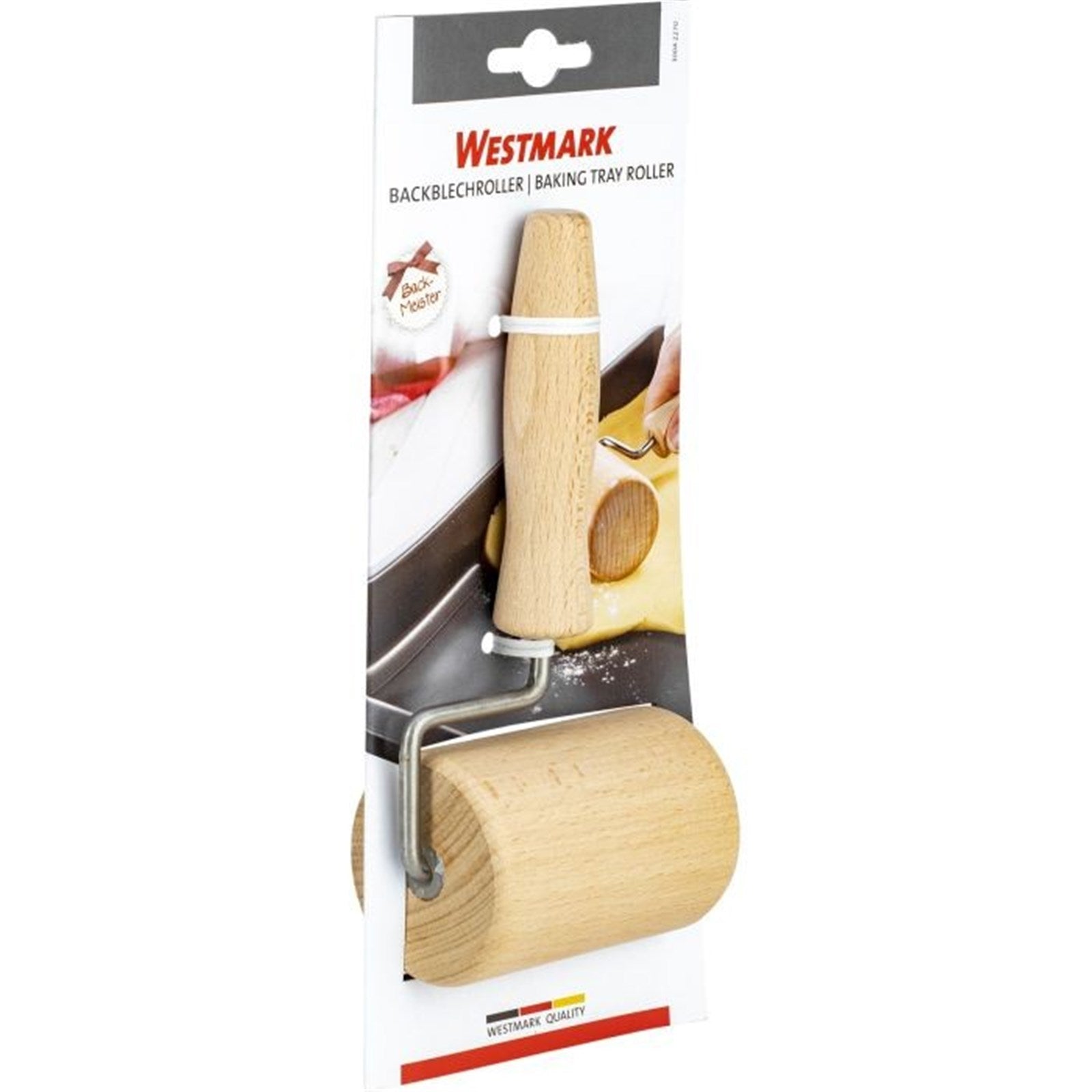 Praktischer Backblechroller aus robustem Buchenholz von Westmark, ideal zum gleichmäßigen Ausrollen von Teig auf Backblechen.