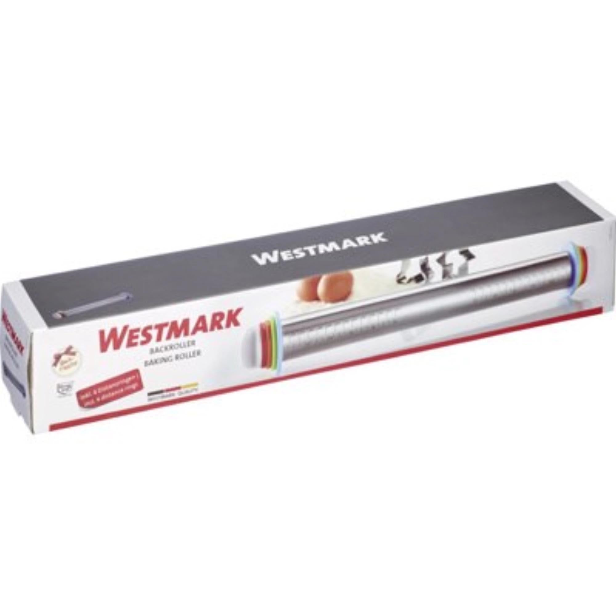 Teigroller von Westmark, 43,5 cm, mit 4 Distanzringen für gleichmässiges Ausrollen, ideal für Backen und präzise Teigverarbeitung.