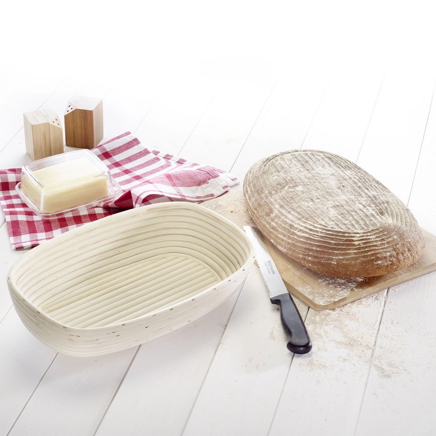 Ovales Gärkörbchen-Set mit Bezug von Westmark, ideal für das Backen von Brot, Maße: 33.5 x 20.5 x 8 cm, sorgt für perfekte Teigführung.