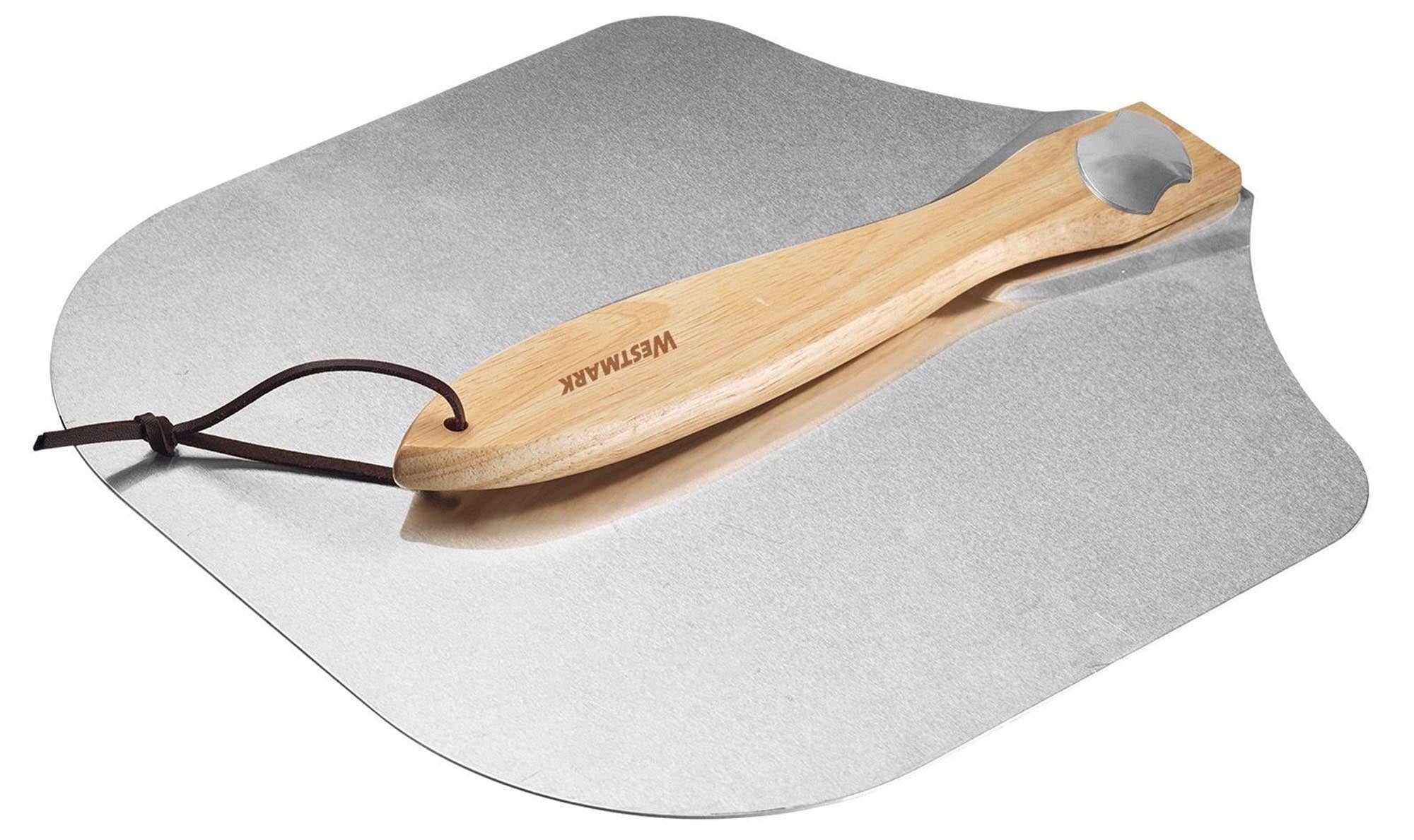 Leichte und robuste Pizzaschaufel aus Aluminium, ideal für Pizza und Brot, mit ergonomischem Griff für einfaches Handling.