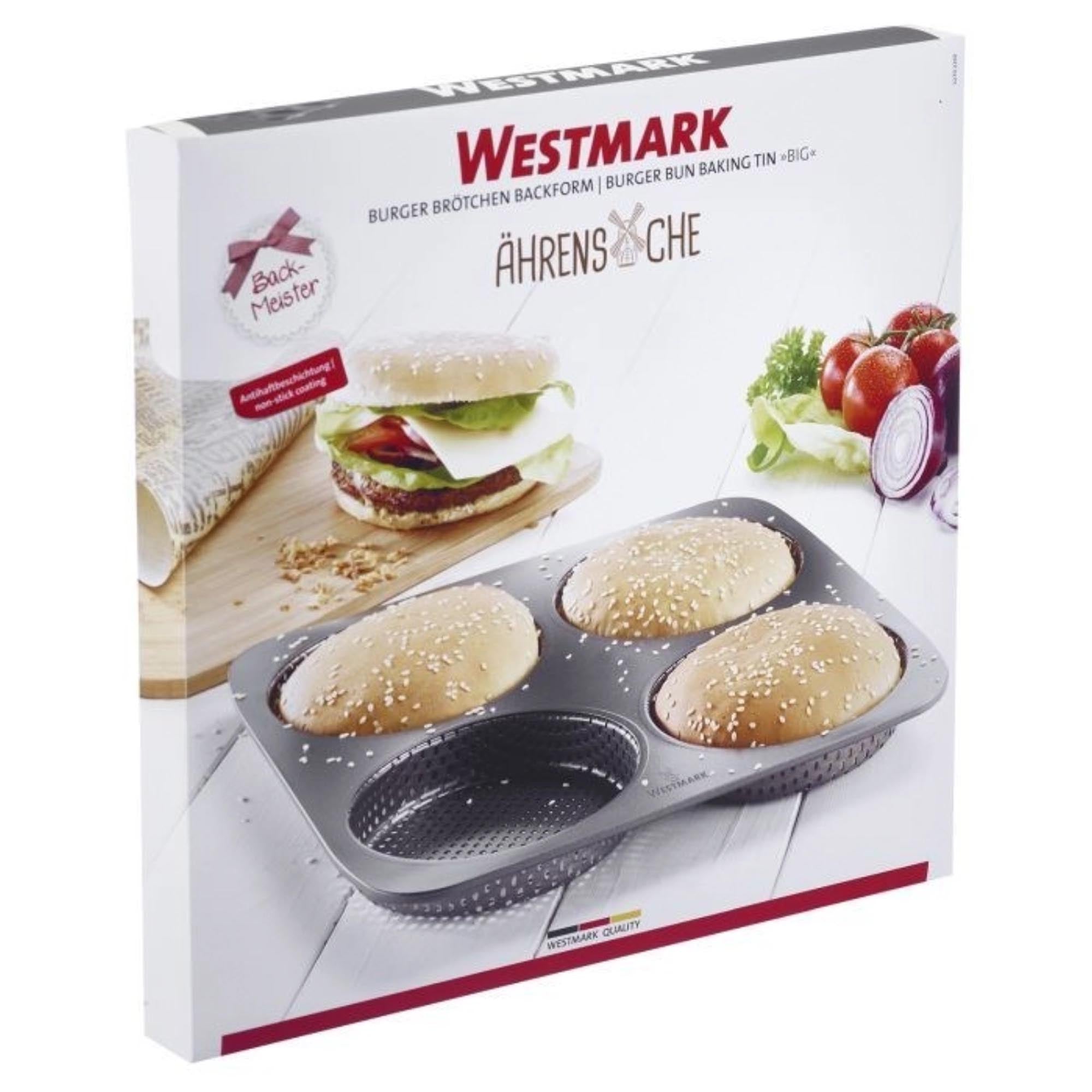 Backform für 4 große Burgerbrötchen, 28x28cm, antihaftbeschichtet, ideal für gleichmäßiges Backen, hochwertige Westmark Qualität.