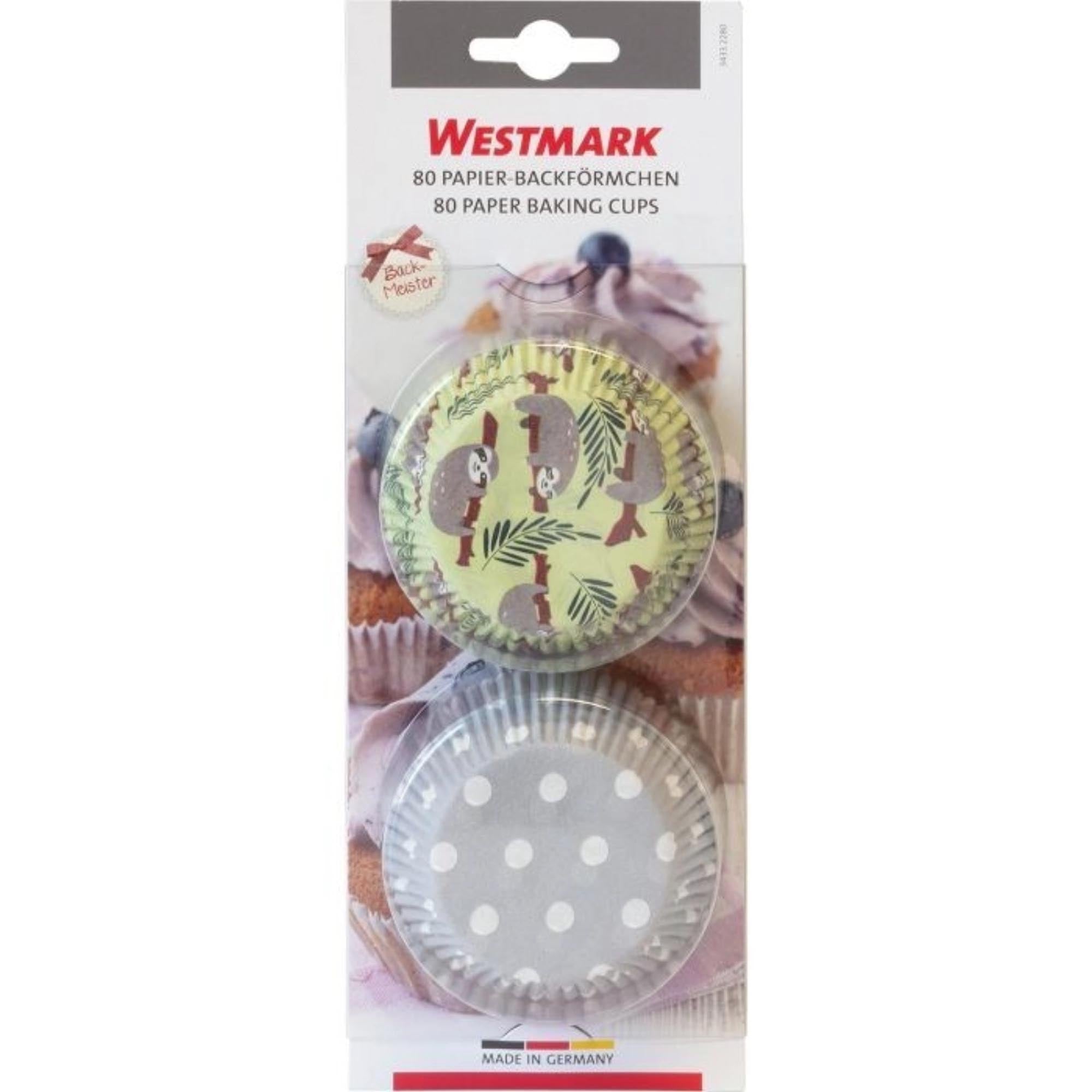 Set mit 80 Muffin-Papierförmchen, dekoriert mit charmanten Faultier- und Punktedesigns, perfekt für Backspaß und kreative Dekoration.