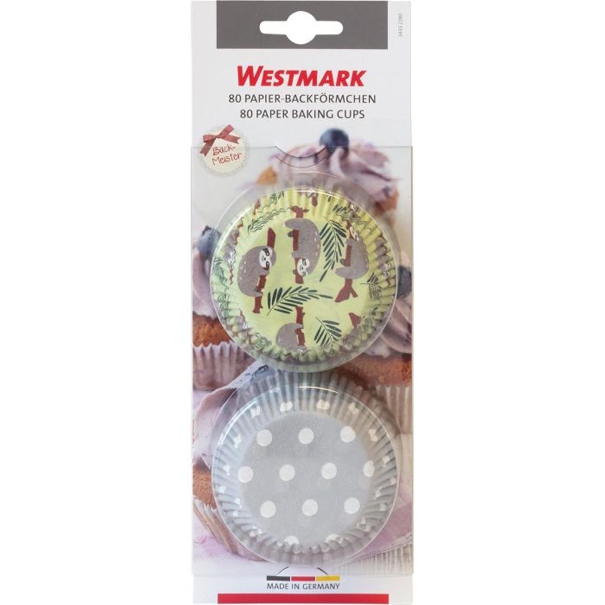 80 Muffin-Papierförmchen mit süßem Faultier- und Punktedesign, ideal für Backen und Dekoration, von Westmark.