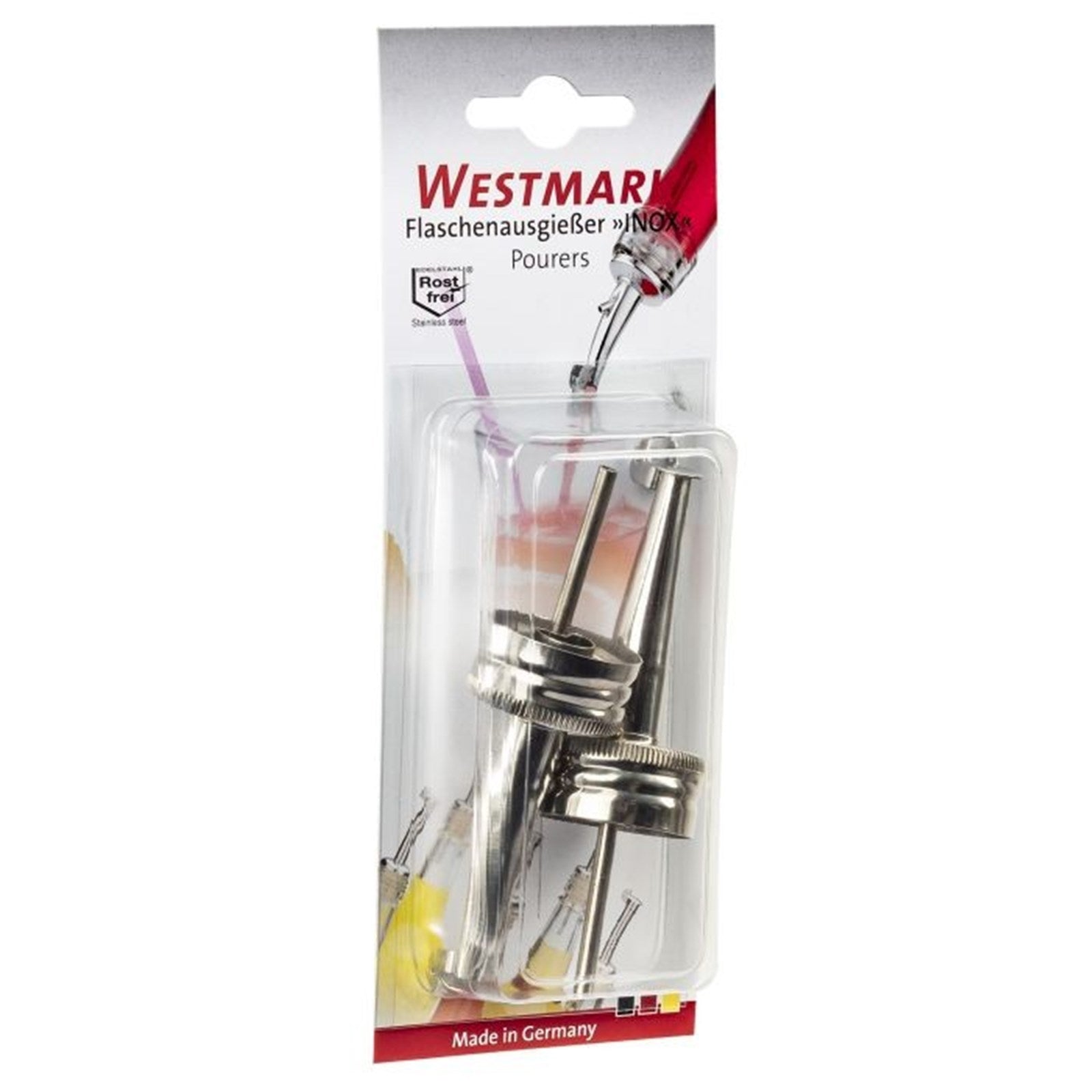 2er Set Edelstahl-Ausgiesser mit 28 mm Schraubkappe, perfekt für sauberes und präzises Ausgiessen in der Gastronomie.