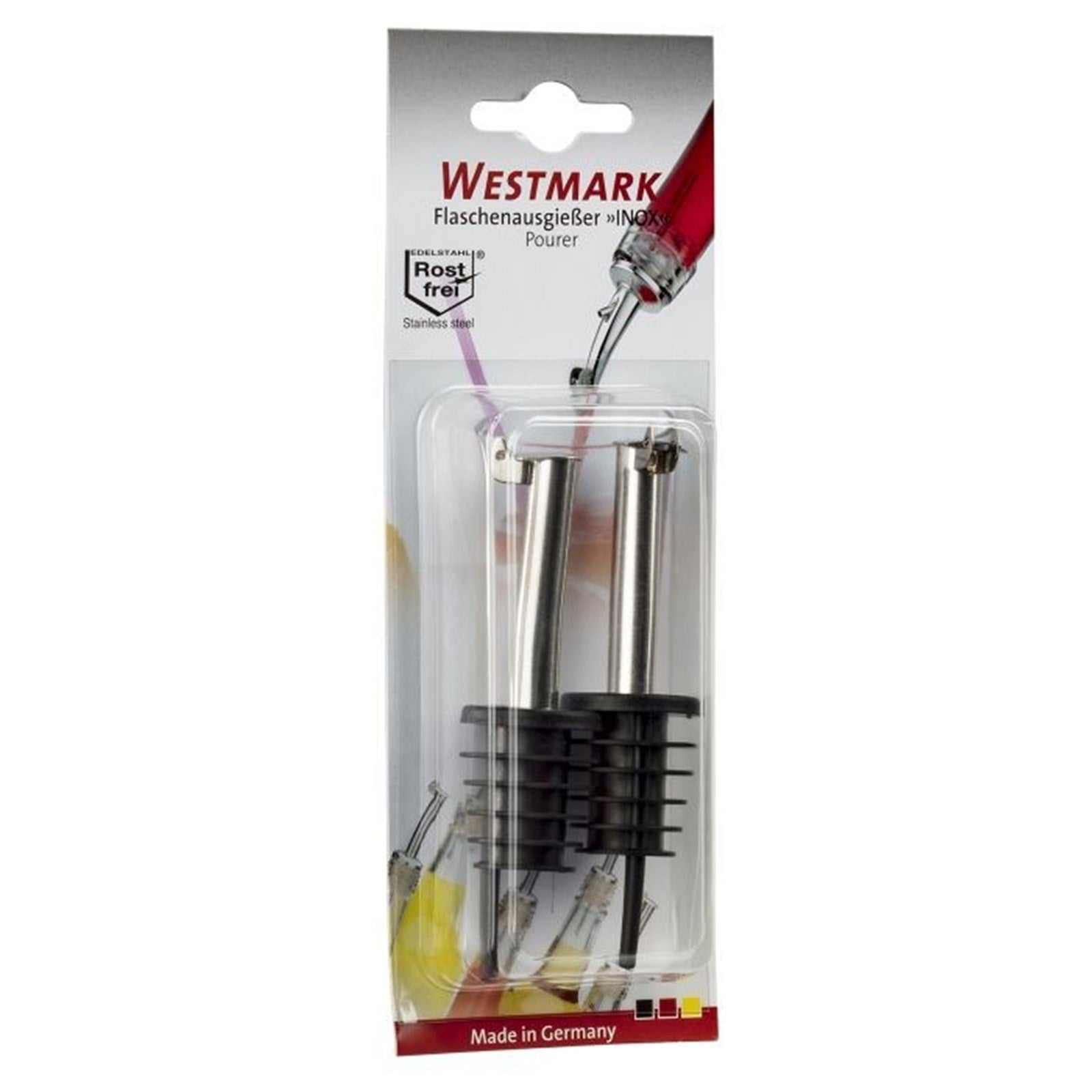 Set mit 2 Edelstahl-Ausgiessern, PE-Korken und Metallkläppchen, perfekt für präzises Ausgiessen, langlebig und praktisch von Westmark.