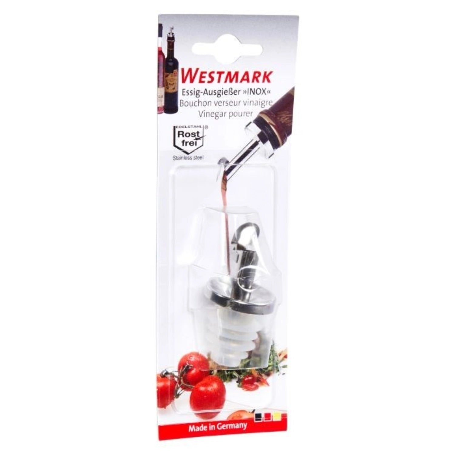 Edelstahl-Ausgießer mit Silikonkorken, speziell für Essig. Kompakt, robust und hochwertig, ideal für präzises Dosieren.