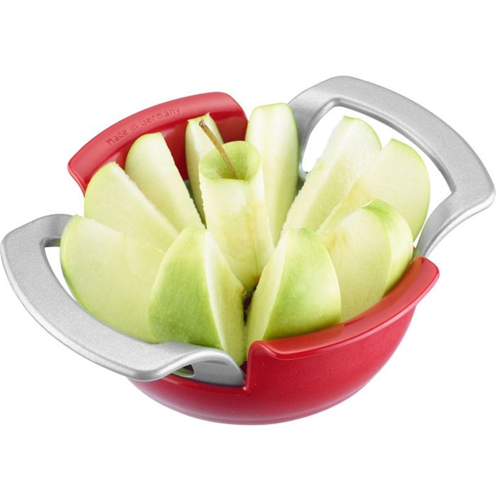 Praktischer Apfel- und Birnenteiler mit Schneidteller, ideal für gleichmäßige Stücke, robust, langlebig und einfach zu bedienen.