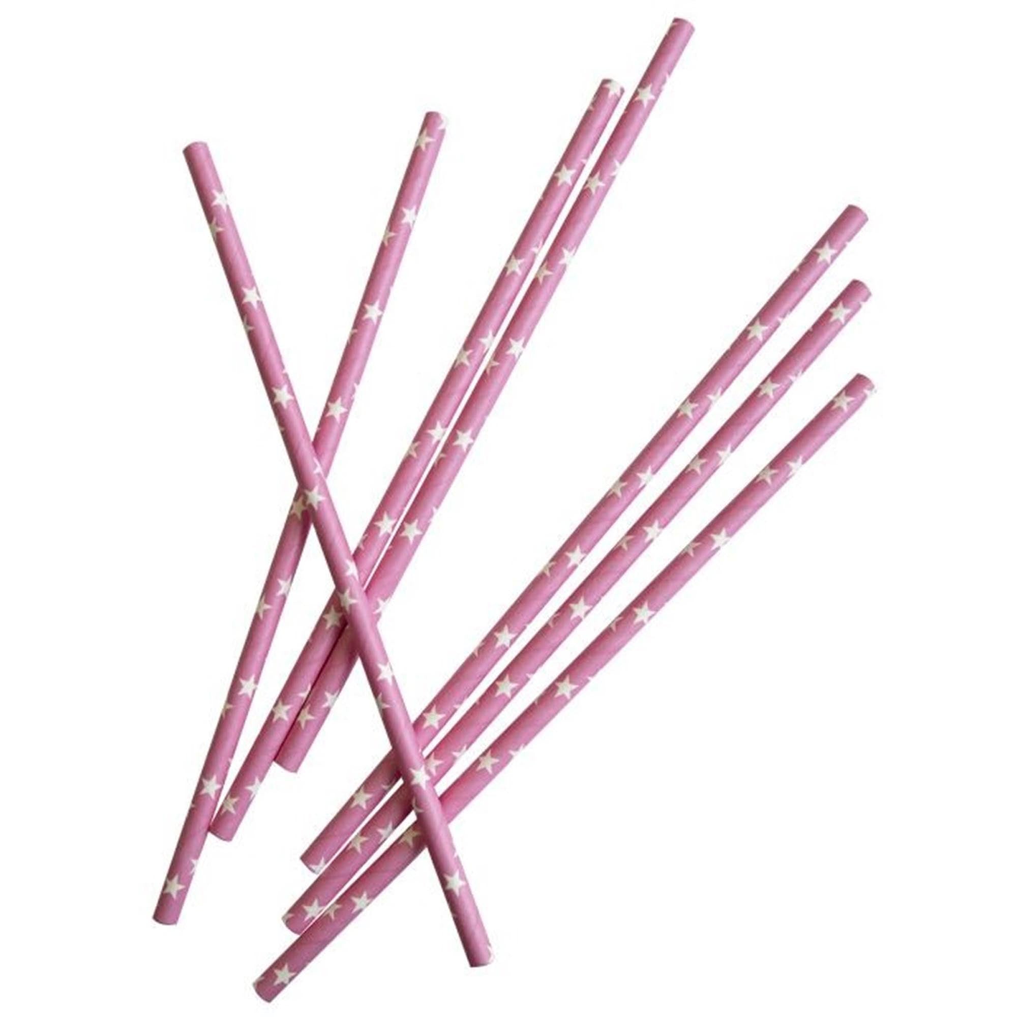 Rosa Papier-Trinkhalme mit weissen Sternen, 19,7 cm lang, umweltfreundlich und stilvoll, ideal für Partys und Feiern.