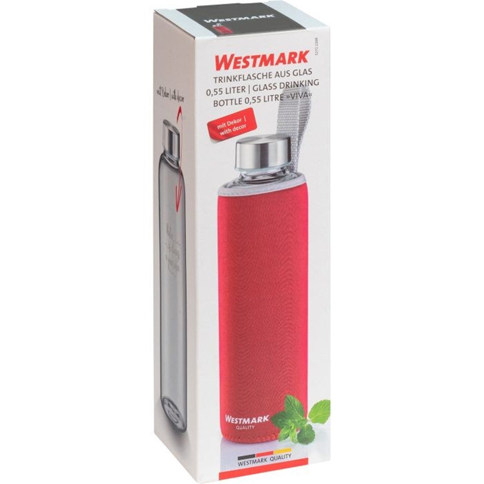 Trinkflasche Viva aus Glas 0,55 l, mit Cover, rot, sb