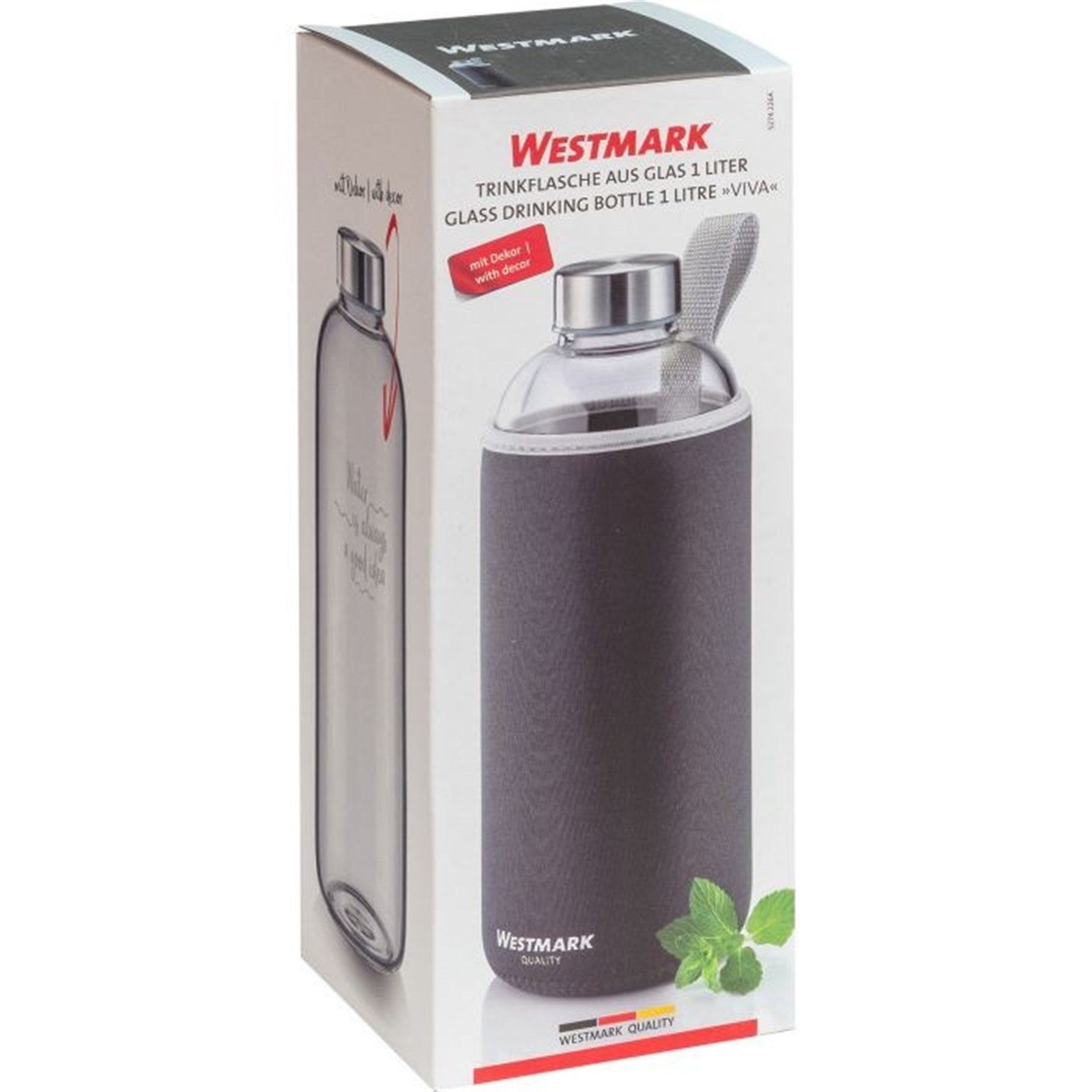 Trinkflasche Viva aus Glas 1 l, mit Cover, anthrazit, sb