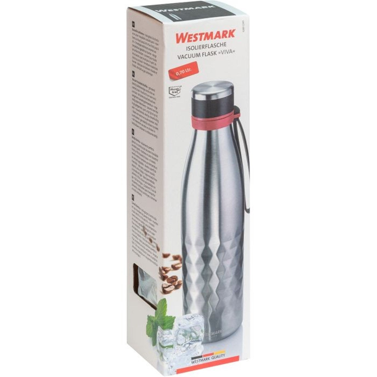 Die silberne Isolierflasche Viva (0,7 l) von Westmark hält Getränke warm oder kalt und besticht durch ihre stilvolle Optik.