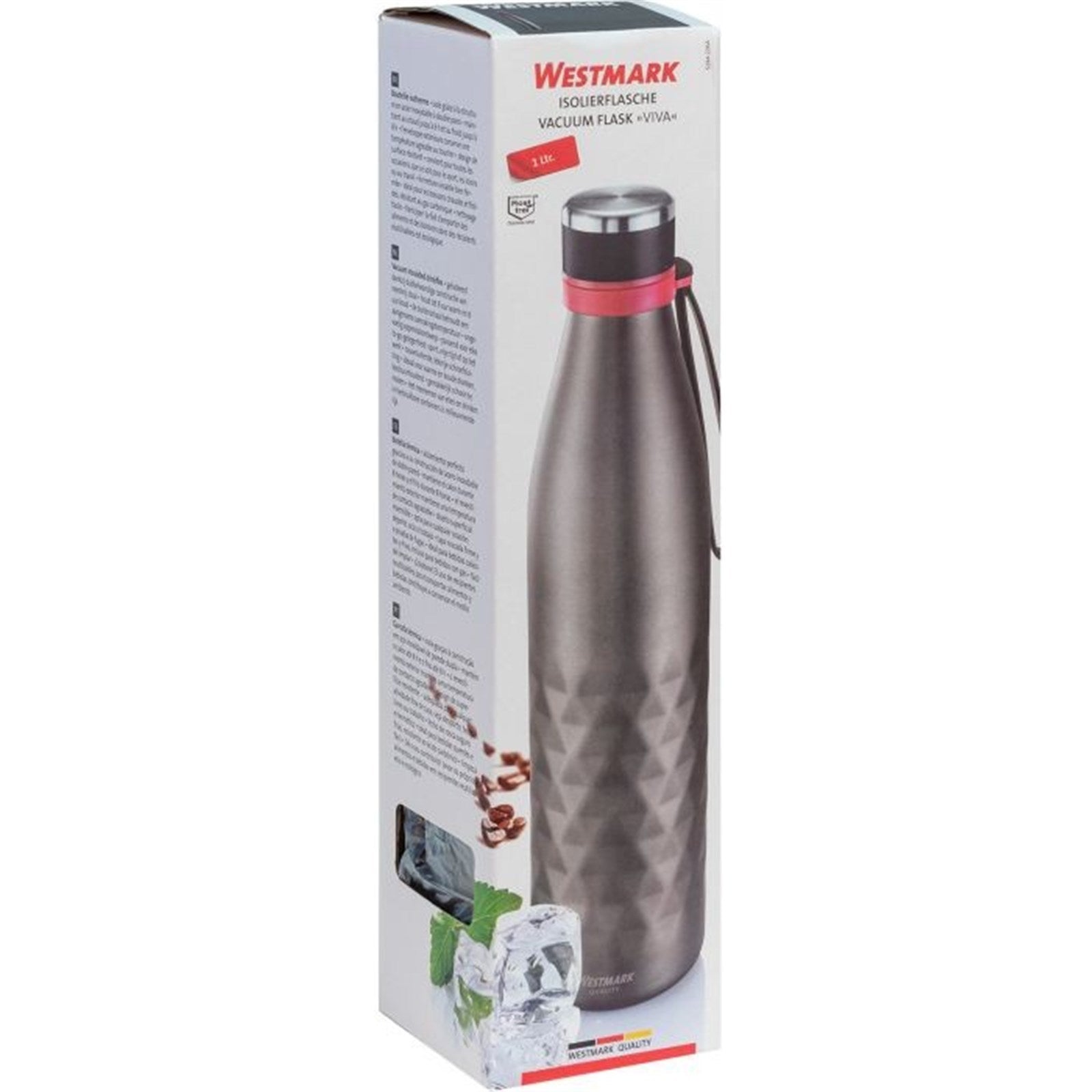 Die anthrazitfarbene Isolierflasche Viva (1 l) von Westmark hält Getränke warm oder kalt und ist perfekt für Reisen und Outdoor-Aktivitäten.