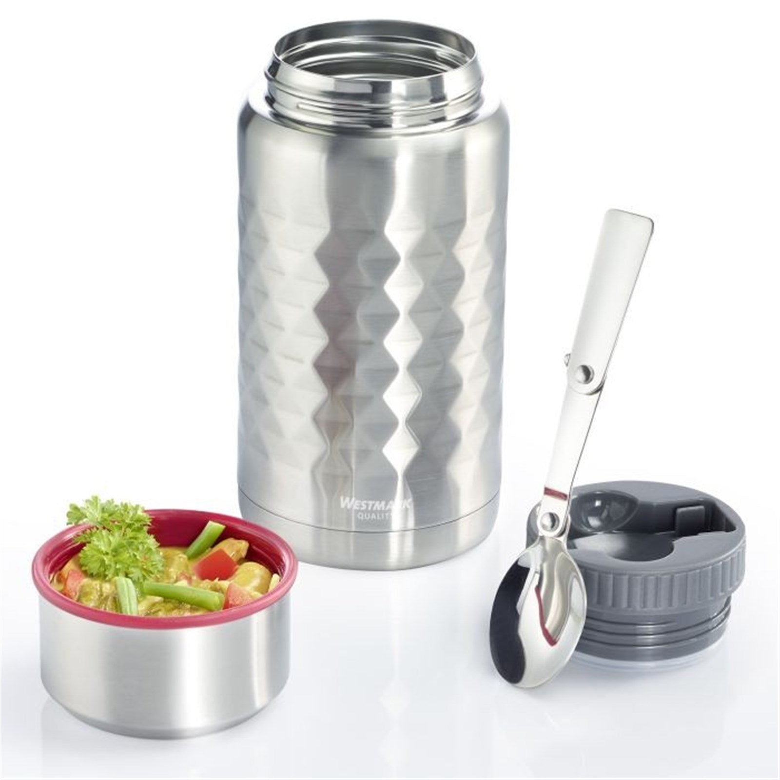 Der silberne Lunch Pot Viva (0,75l) von Westmark ist ideal für unterwegs, kombiniert Stil und Funktionalität für Ihre Mahlzeiten.