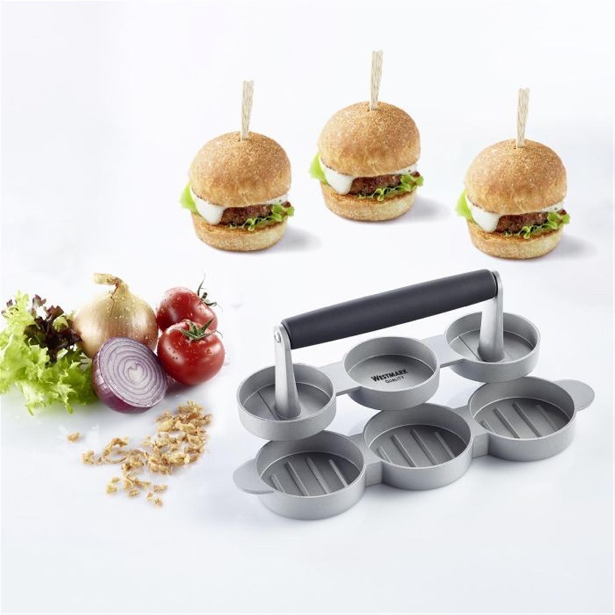 Praktischer Mini-Hamburgermaker Trio von Westmark, 24.5x8cm, ideal für gleichmäßige Mini-Burger, einfach zu bedienen und robust.
