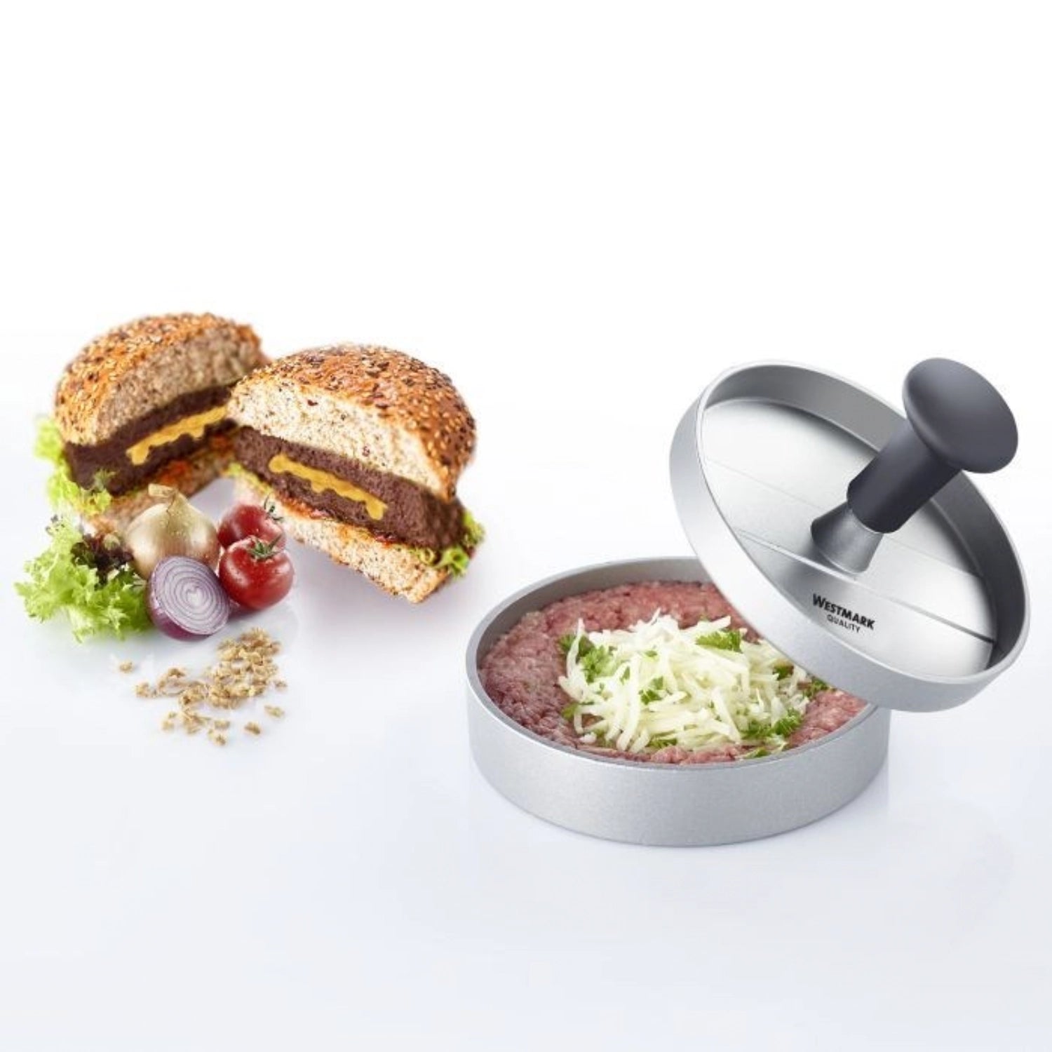 Praktischer Hamburgermaker Uno Plus von Westmark, D12cm, zum einfachen Formen und Wenden von saftigen Burger-Patties für Grillabende.