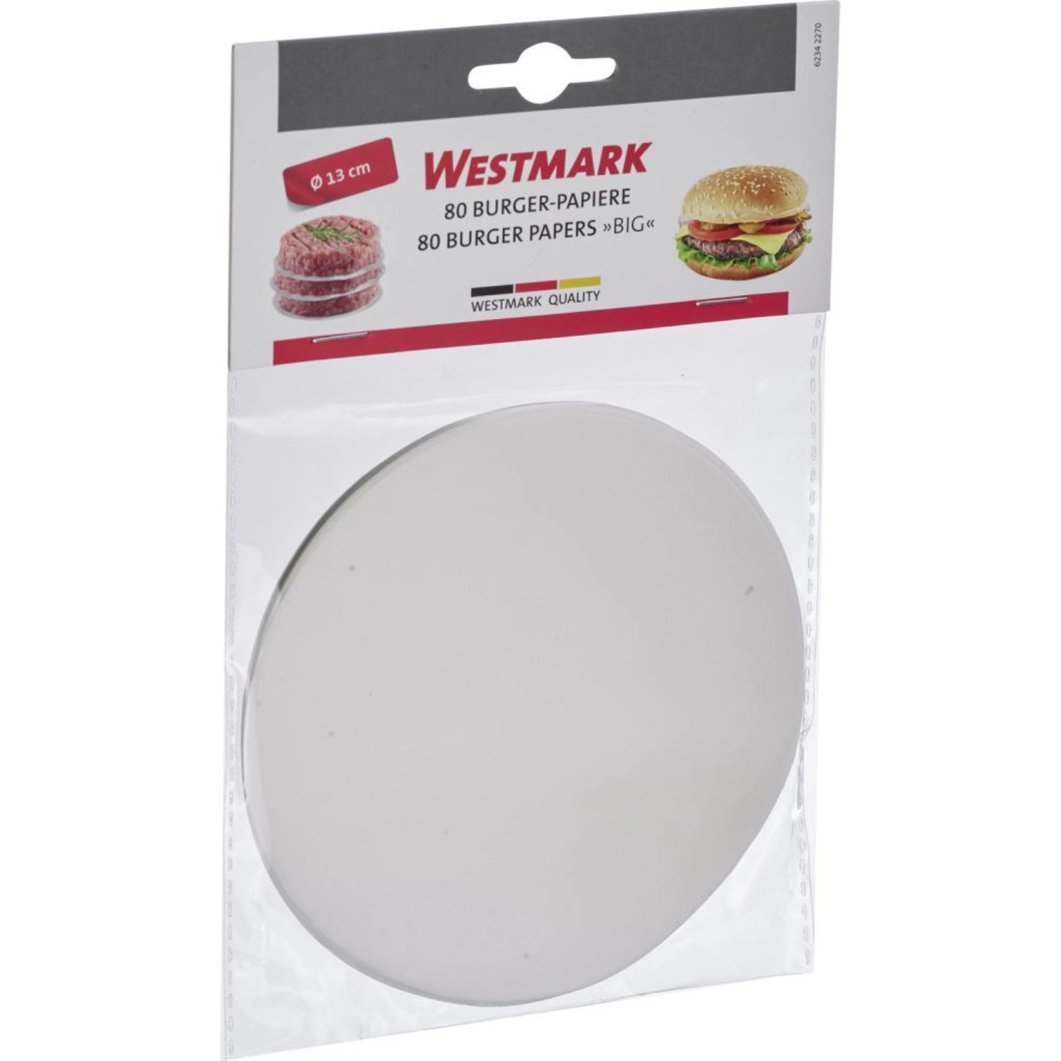 Hochwertiges Burger Papier von Westmark, 80 Stück, 13 cm Durchmesser, perfekt für die ansprechende Präsentation von Burgern und Snacks.