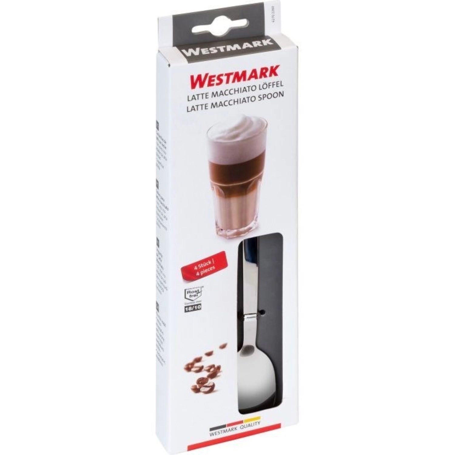 Elegantes Set von 4 Latte Macchiato-Löffeln aus hochwertigem Edelstahl 18/10 von Westmark, perfekt für stilvolles Kaffeetrinken.