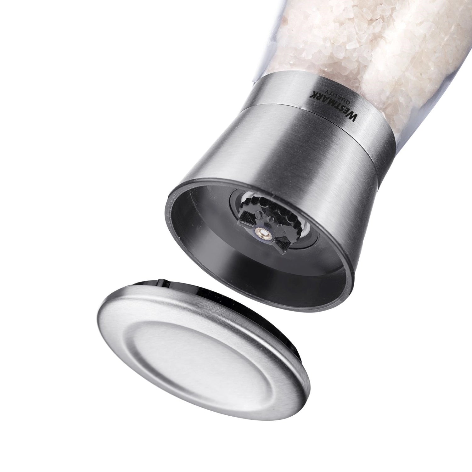 Stilvolles Gewürzmenage-Set aus hochwertigem Edelstahl mit zwei Mühlen für Salz und Pfeffer, perfekt für jeden Tisch und kulinarische Genüsse.