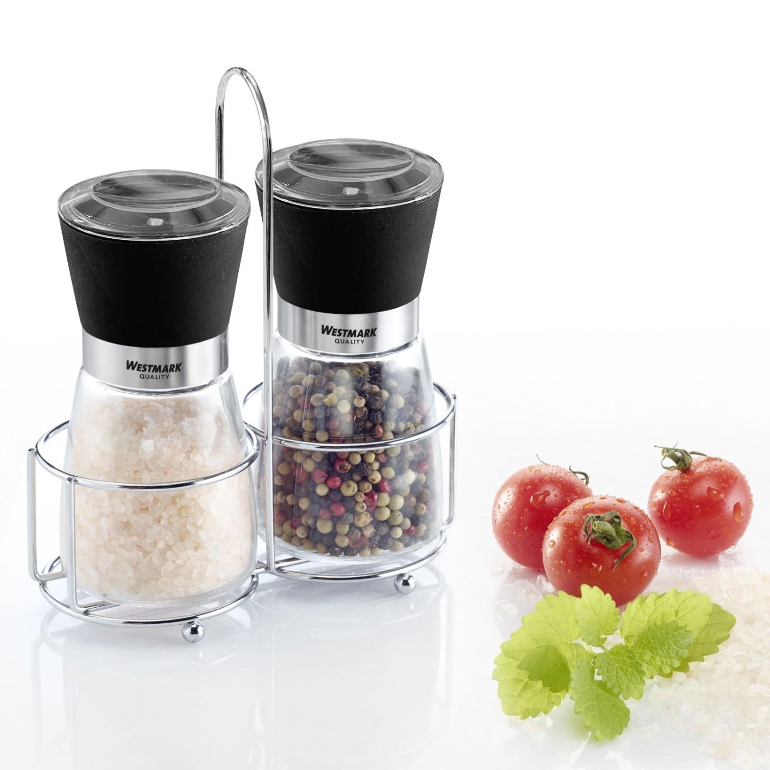 Praktisches 2-teiliges Menage-Set "Blacky" von Westmark, ideal für die aromatische Verfeinerung von Gerichten mit Salz und Pfeffer.