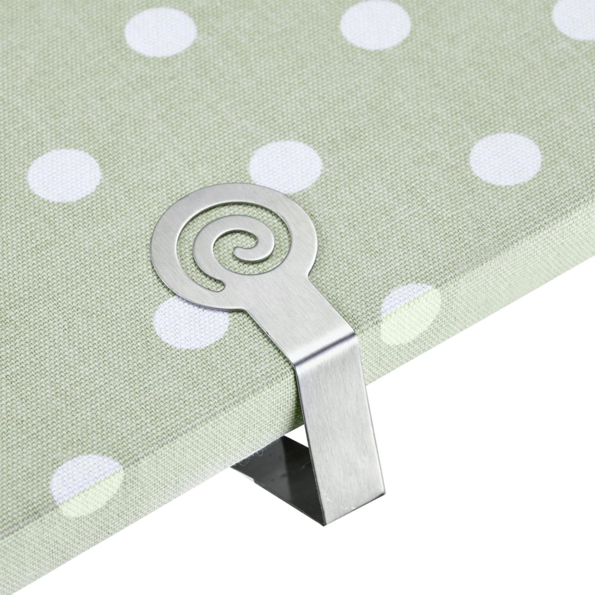 Set aus 4 Edelstahl-Tischtuchklammern im Spiraldesign von Westmark, ideal für sicheren Halt von Tischdecken bei Wind und Wetter.