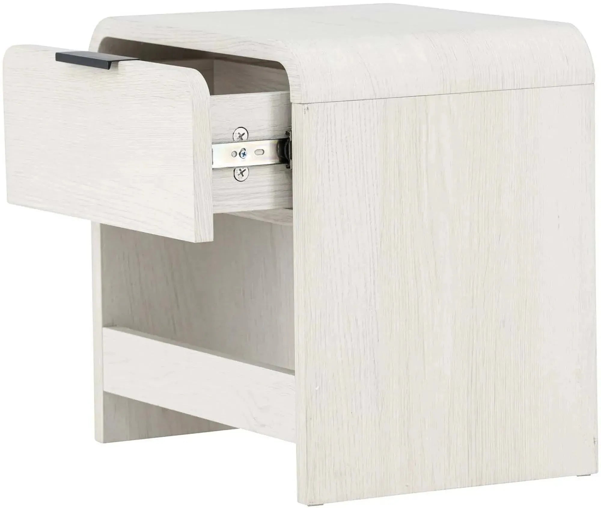 Eleganter Beistelltisch aus weißem MDF, ideal für kleine Räume. Mit Schublade für Ordnung und stilvollem Design.