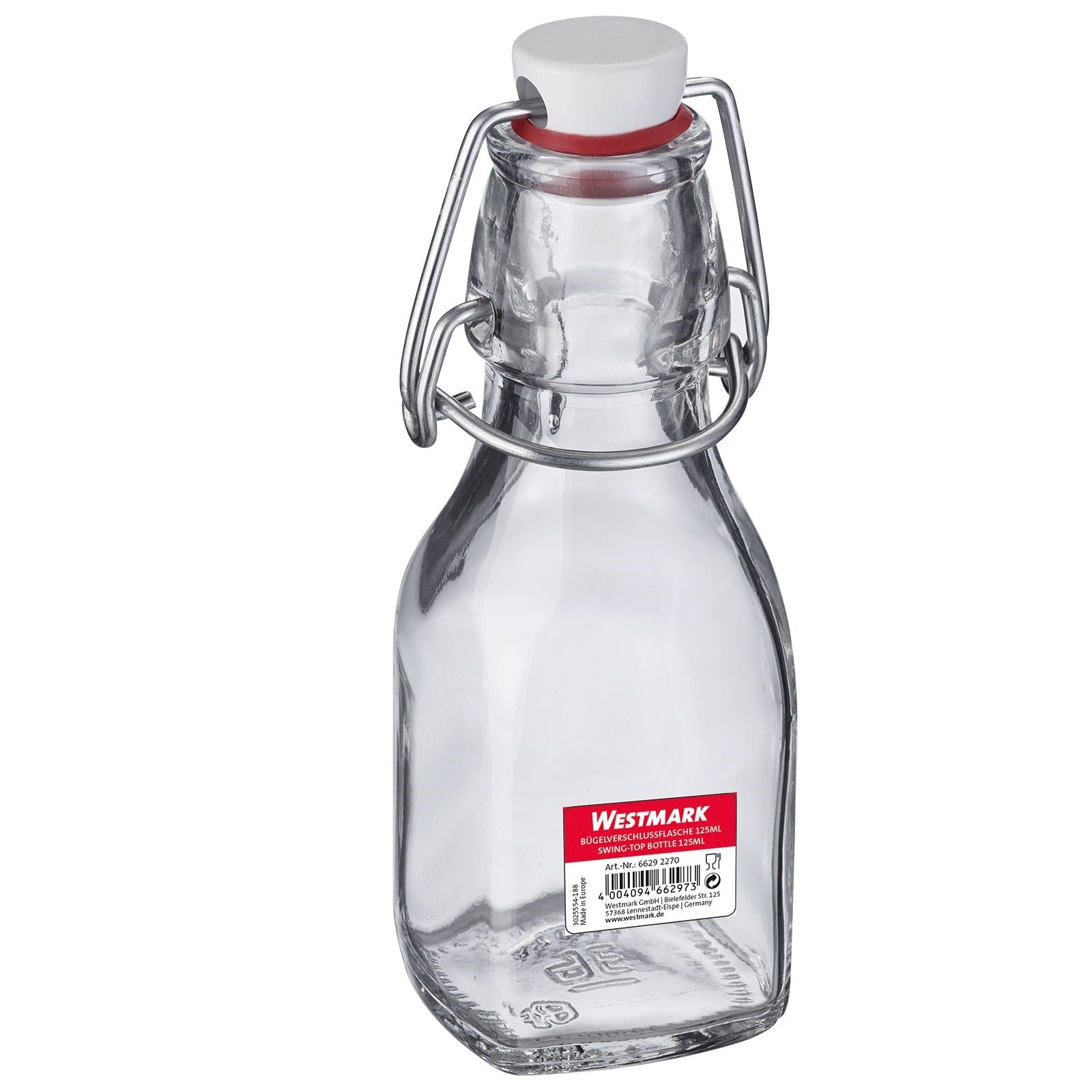 Eckige 125ml Bügelverschlussflasche von Westmark, perfekt für Flüssigkeiten. Praktisch, elegant und vielseitig verwendbar.