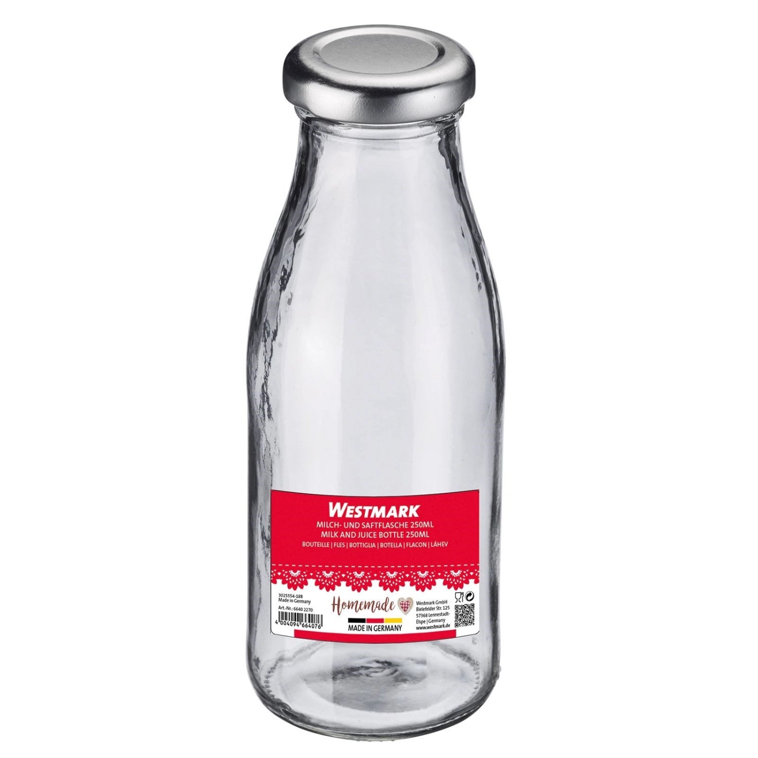 Praktische 250ml Flasche von Westmark, perfekt für Getränke wie Milch, Säfte und Smoothies. Rundes Format mit dichtem Schraubverschluss für einfache Handhabung.