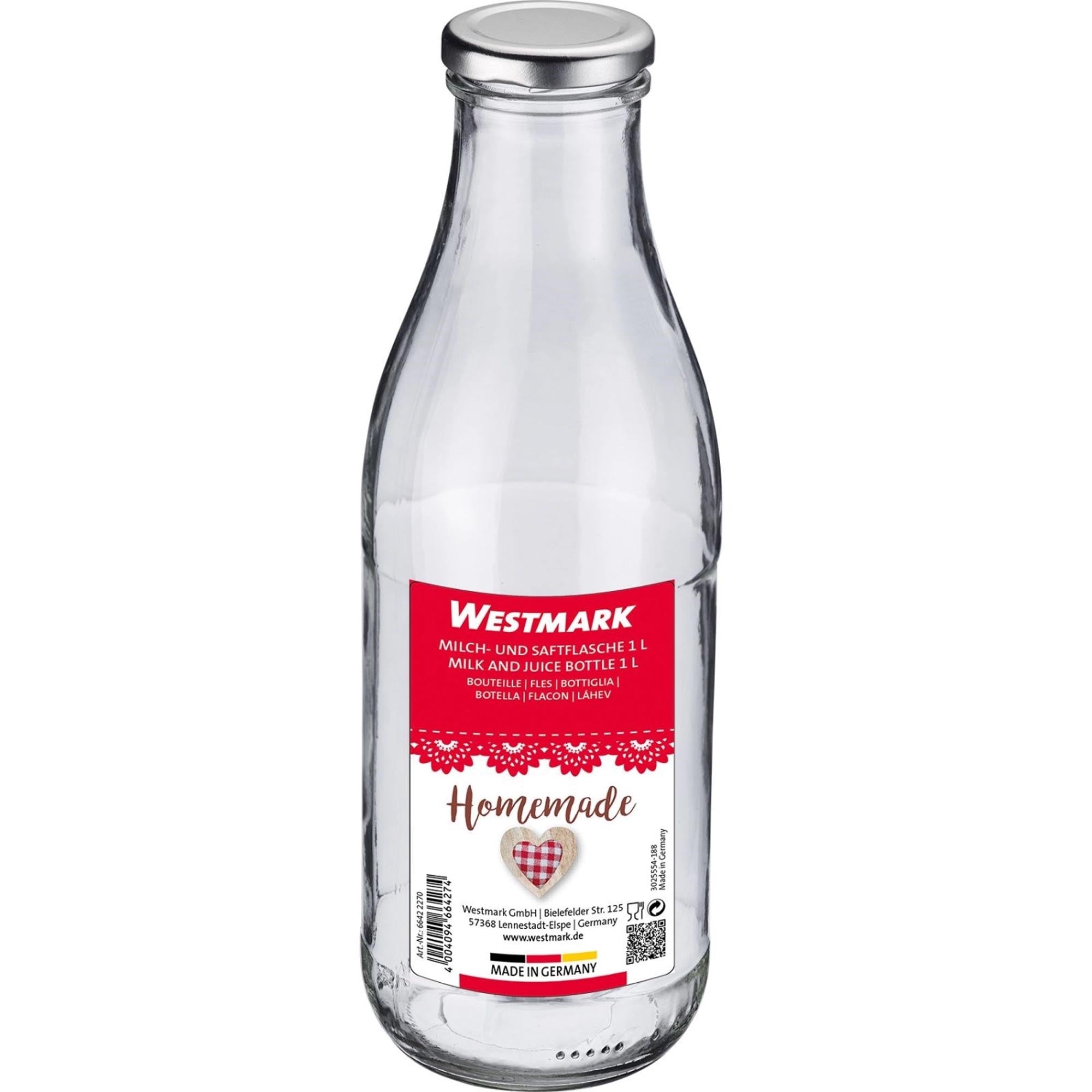 Runde 1-Liter-Flasche von Westmark, ideal für Milch und Saft, stilvolles Design, praktisch und vielseitig für den täglichen Gebrauch.