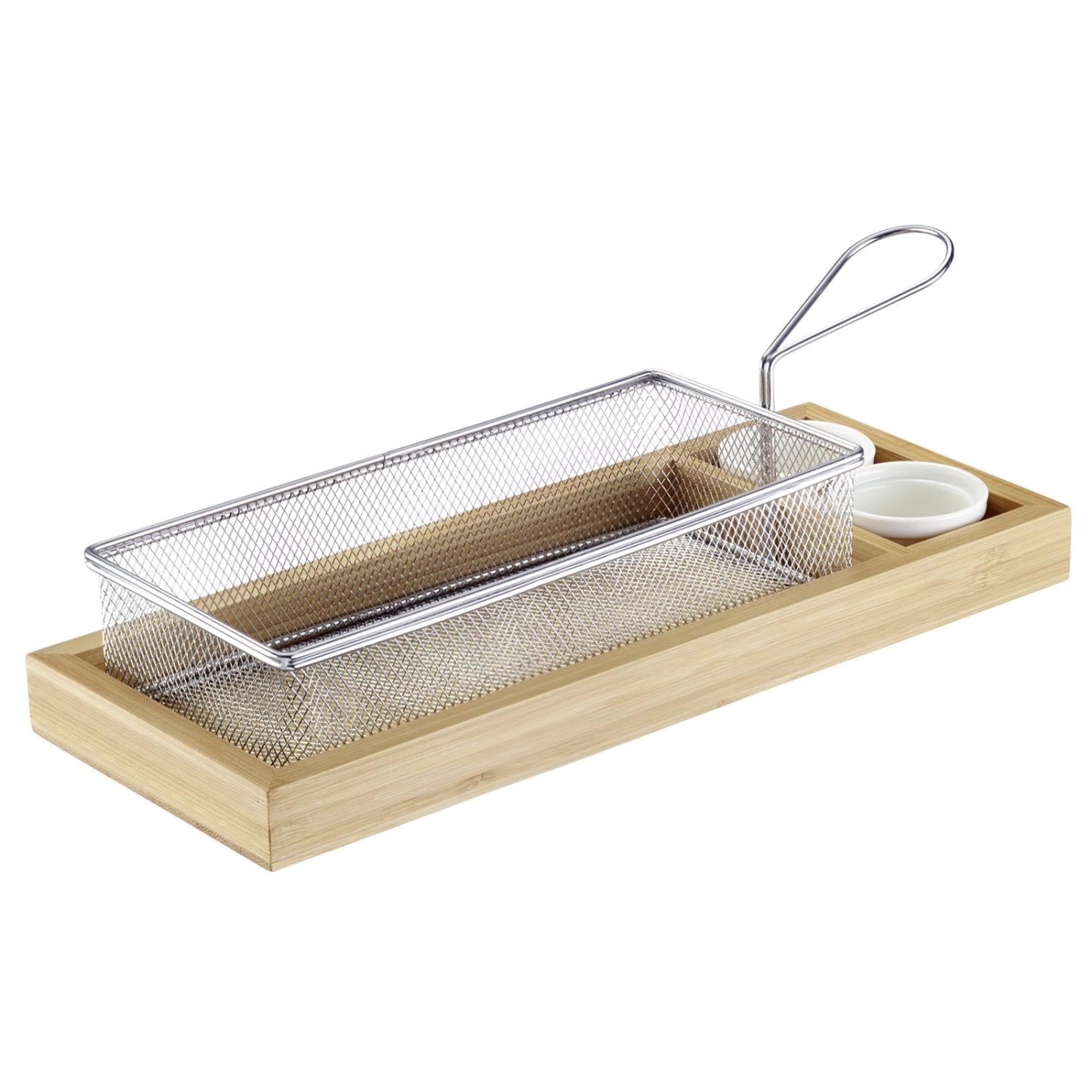 Entdecken Sie das 4-tlg. Set Servierkörbe mit Bambus-Tray und Edelstahl-Schälchen von Westmark. Ideal für Snacks, Dips und stilvolle Präsentation.
