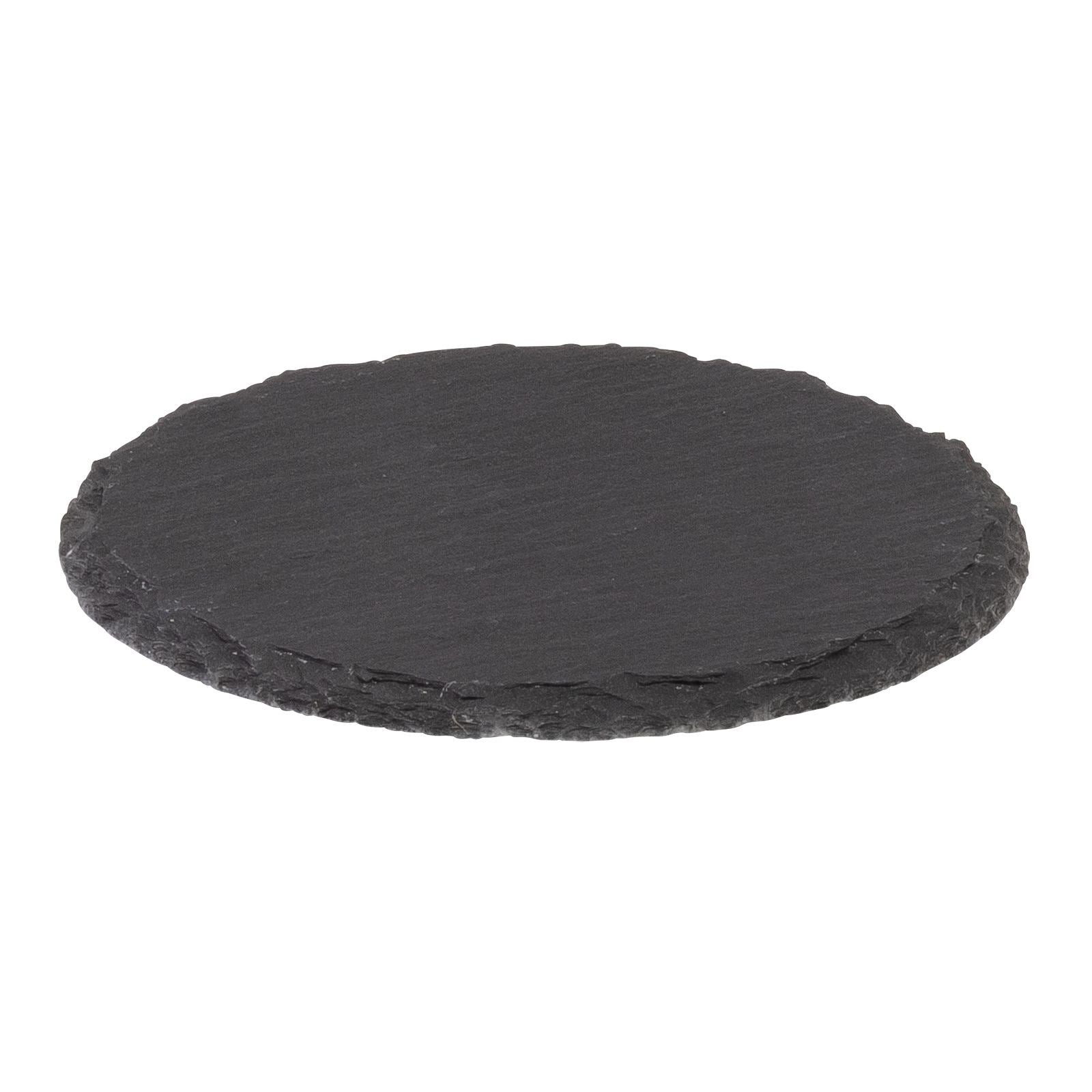 Set aus 8 runden Naturschiefer-Untersetzern (10 cm) in eleganter Bambusbox, ideal für Getränke und stilvolle Tischdekoration.