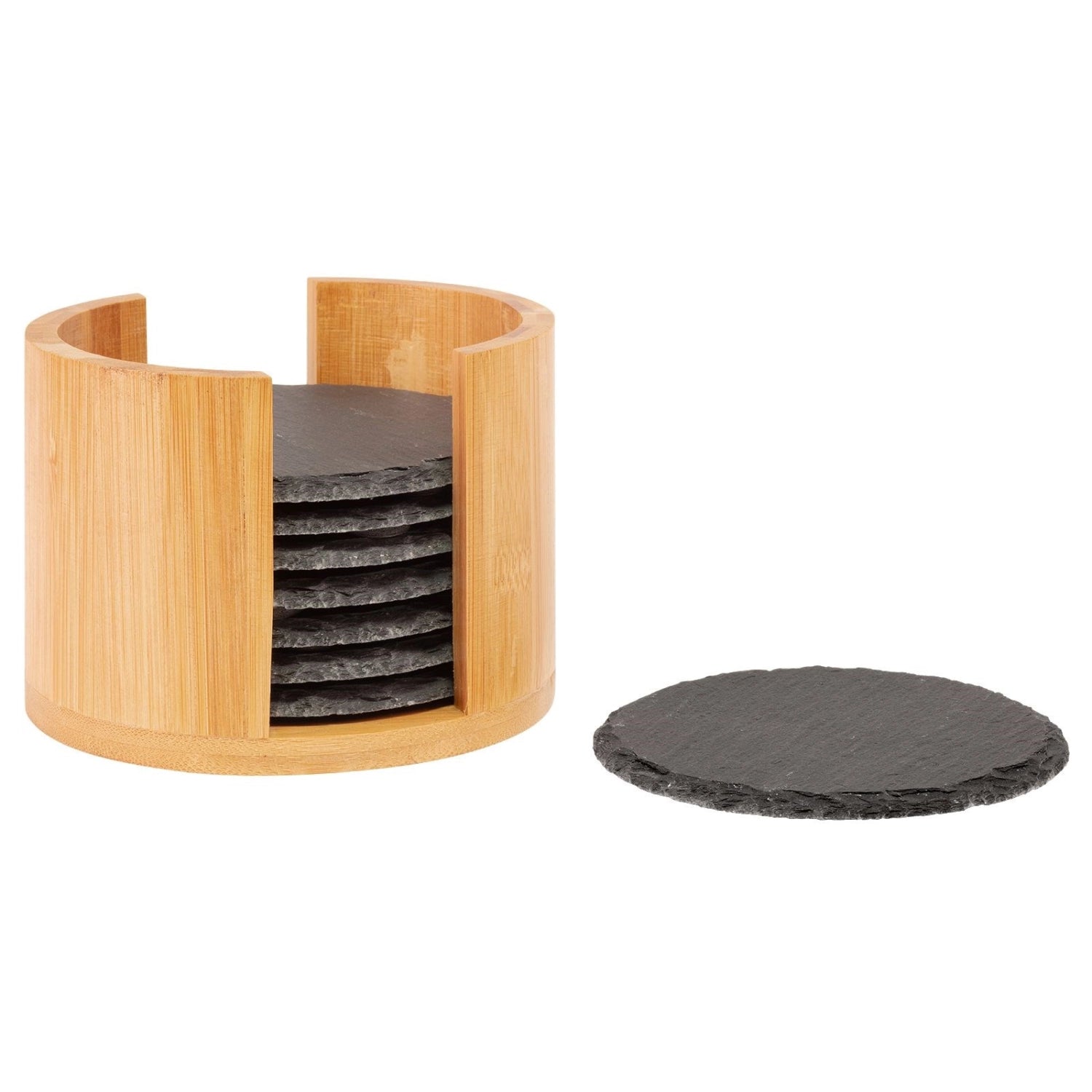 Elegantes 8er Set runder Naturschiefer-Untersetzer in einer stilvollen Bambusbox, perfekt zum Schutz von Oberflächen und ideal für jeden Tisch.
