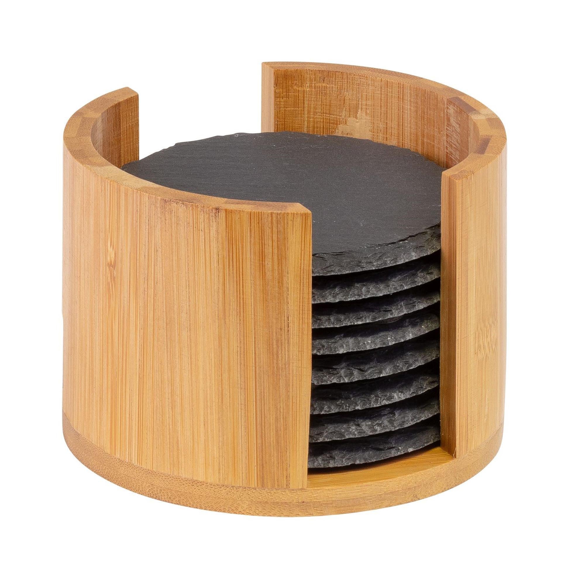 Runde Naturschiefer-Untersetzer im 8er-Set mit Bambusbox, Ø 10 cm, stilvoll und praktisch für Getränke und Dekoration.