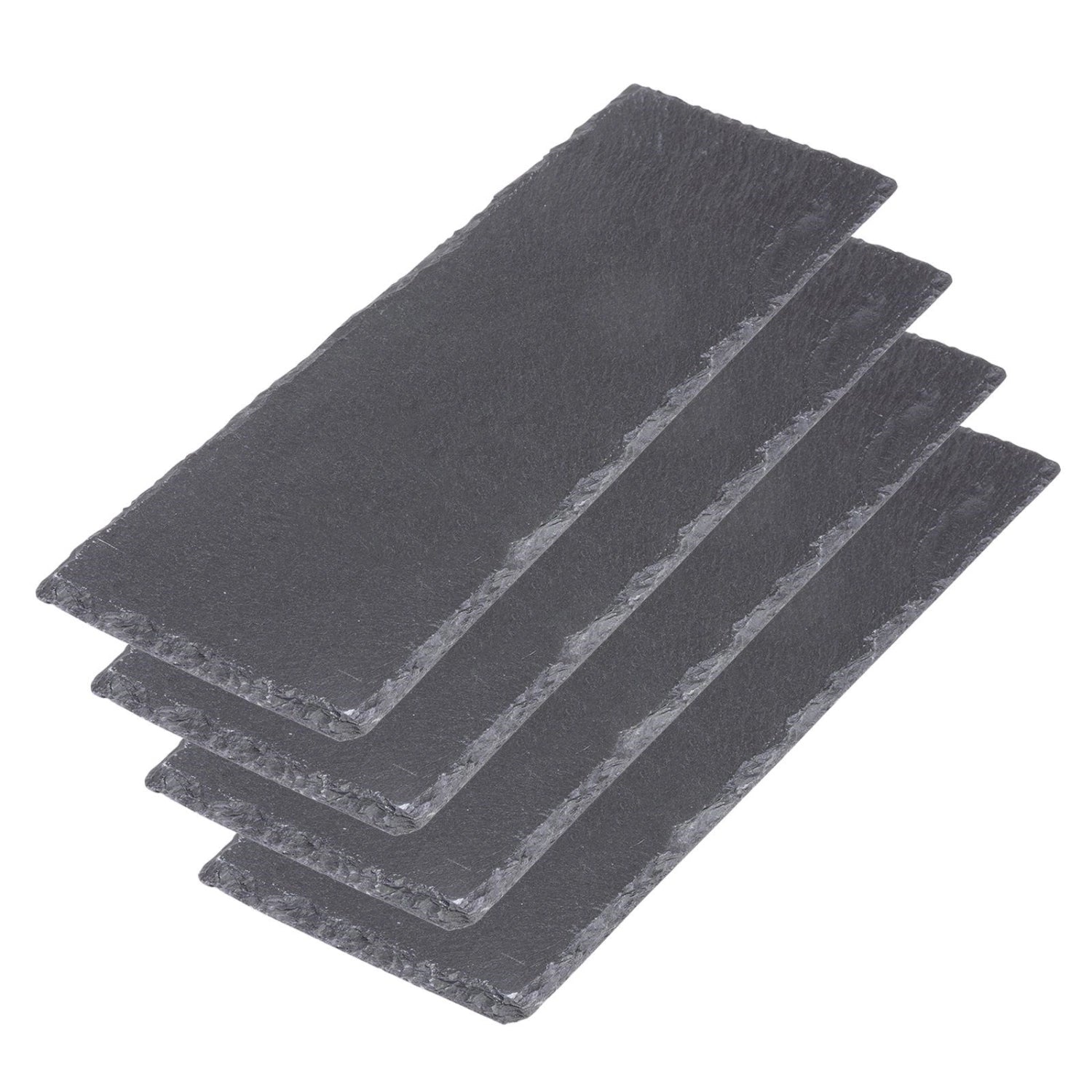 Elegante Servierplatten aus Naturschiefer, ideal für Tapas und Snacks. Set mit 4 Platten, jeweils 30x10 cm, perfekt für stilvolle Anlässe.